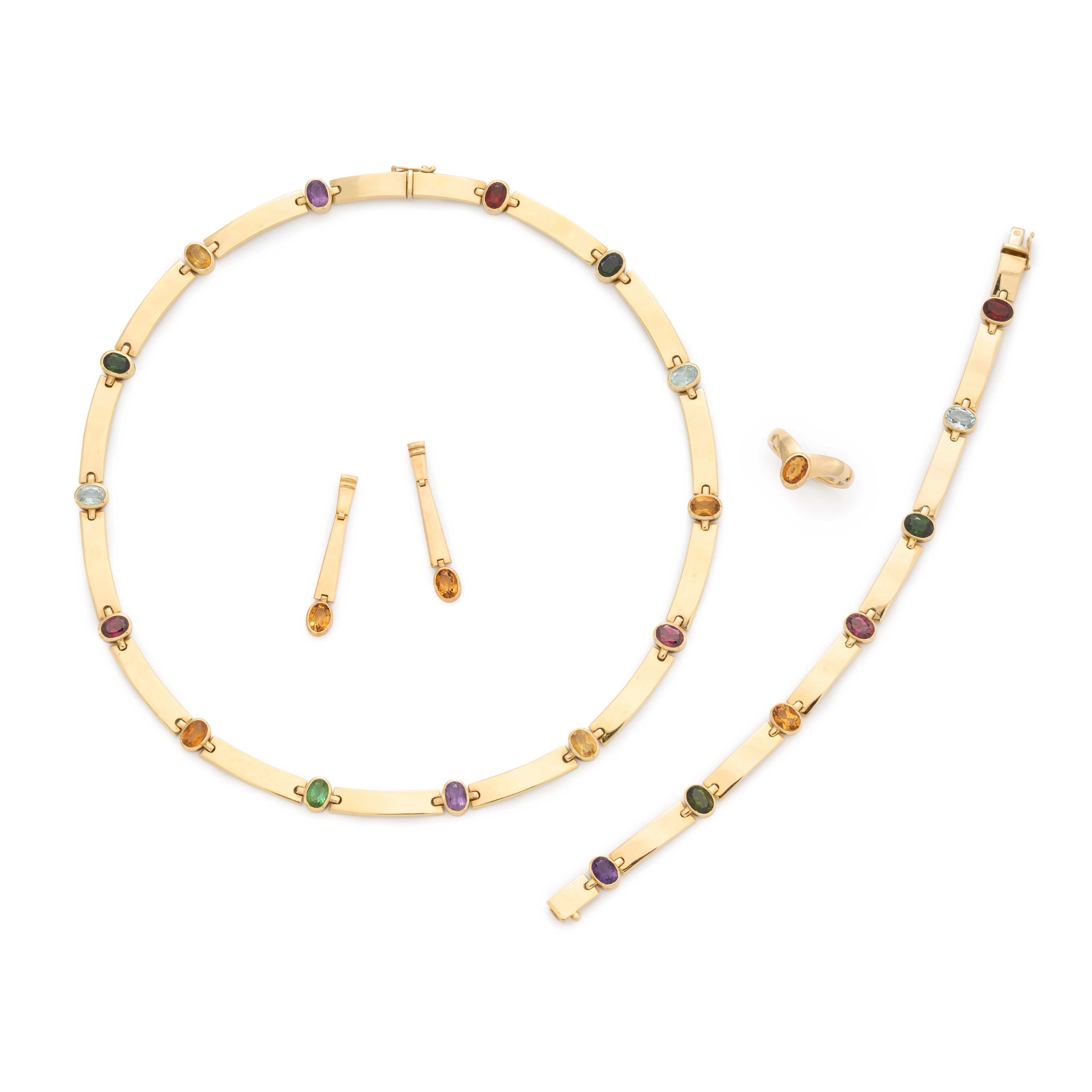 Set of necklace, bracelet, ring and earrings