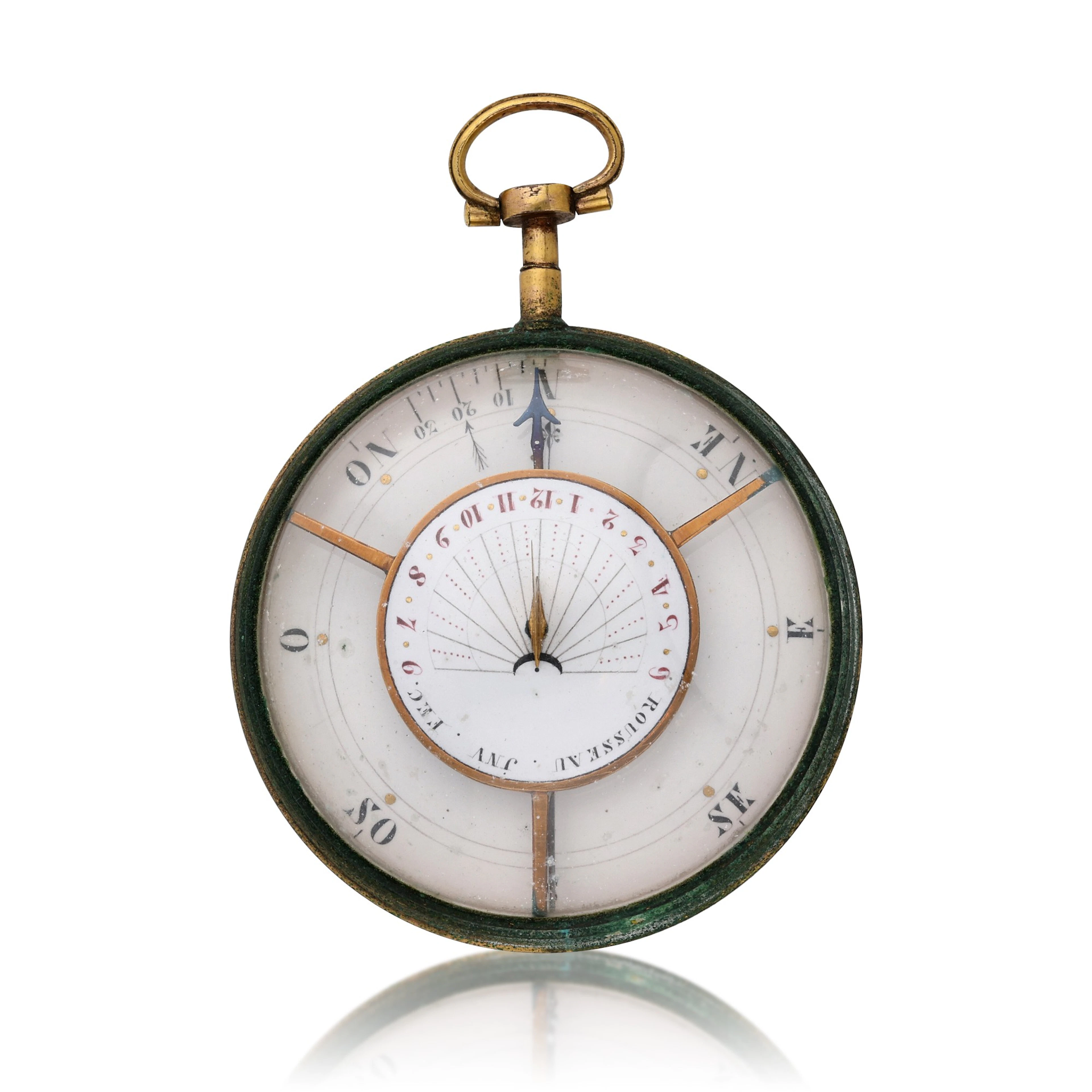 Rousseau JNV. FEC. A gilt metal and glass pocket sundial and compass, Circa 1790