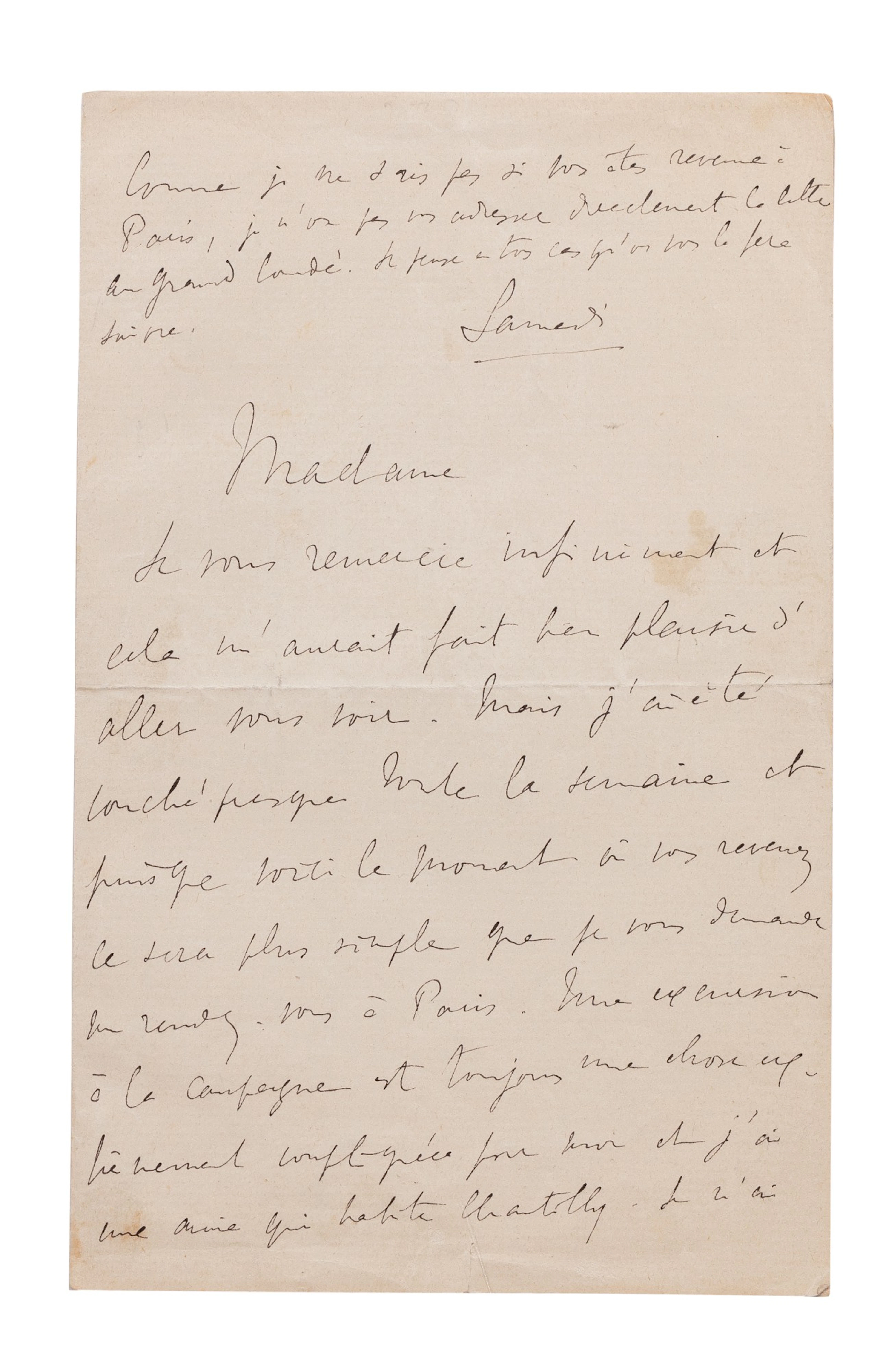 Lettre autographe signée à Mme Tristan Bernard