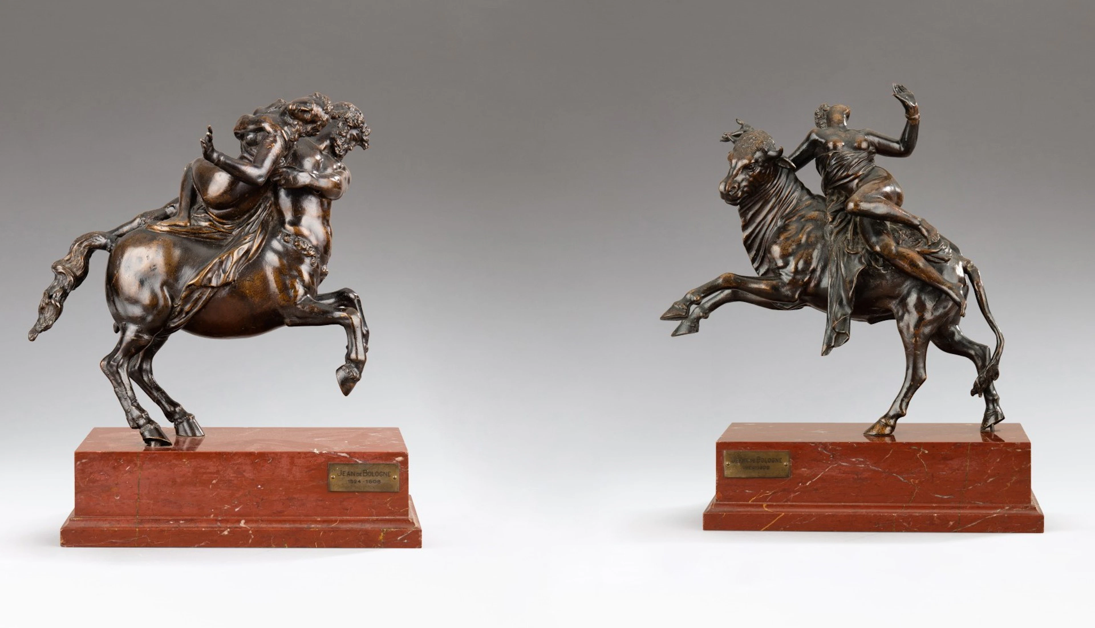 A pair of bronzes groups depicting Nesuss abducting...