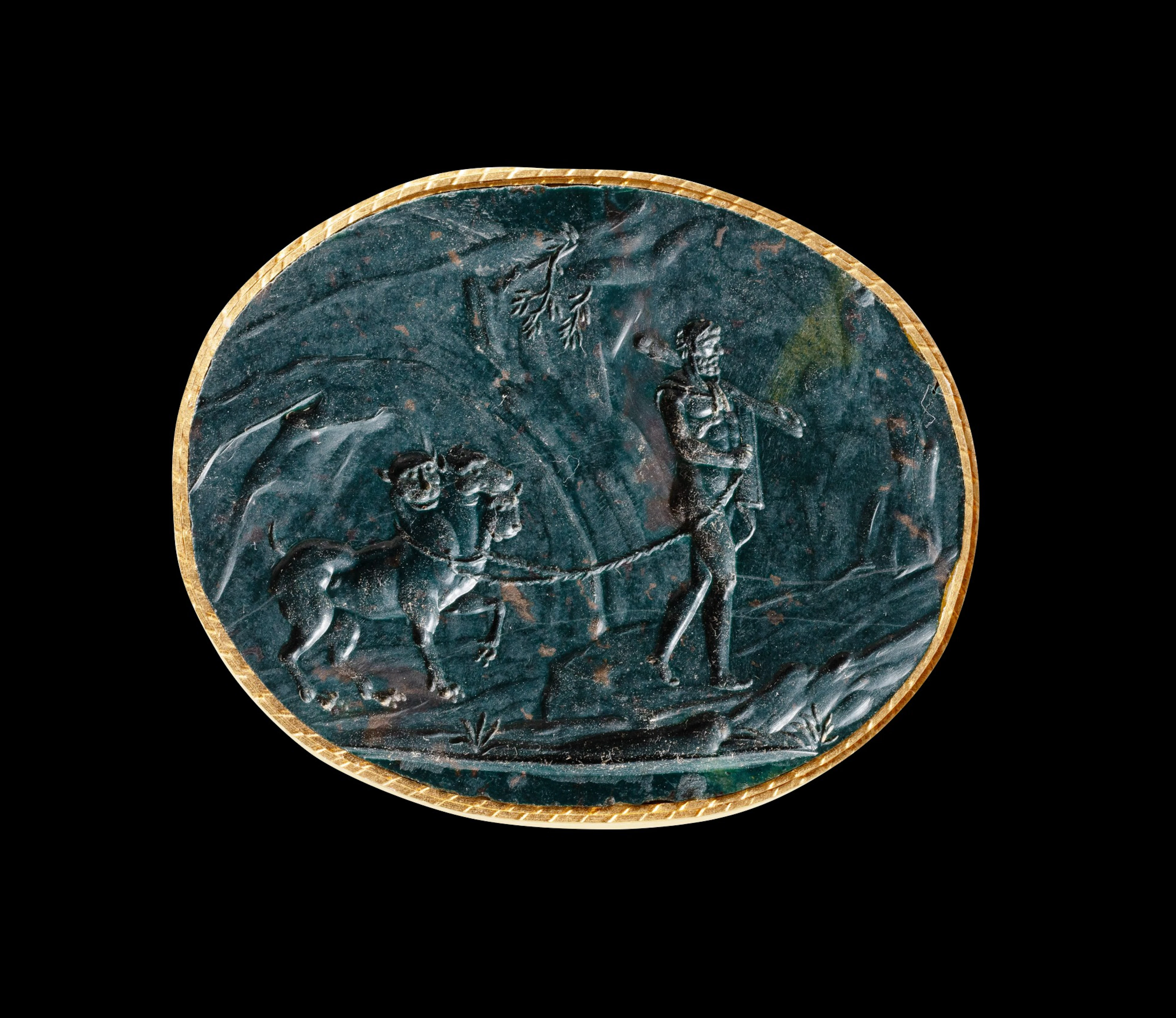 Intaglio with Hercules dragging Cerberus from the...