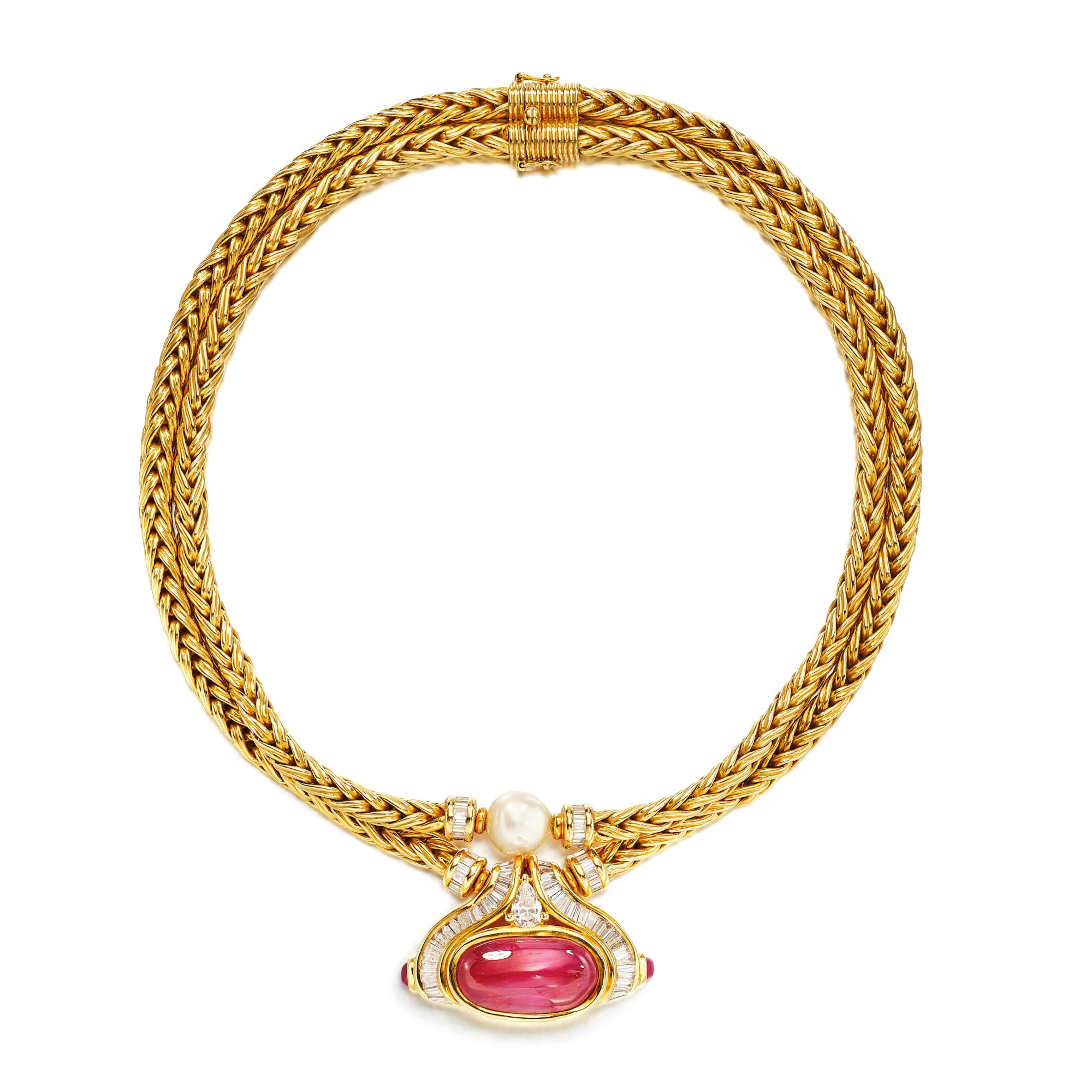 Ruby, Diamond and Cultured Pearl Pendent Necklace | 紅寶石 配 鑽石 及 養殖珍珠 項鏈
