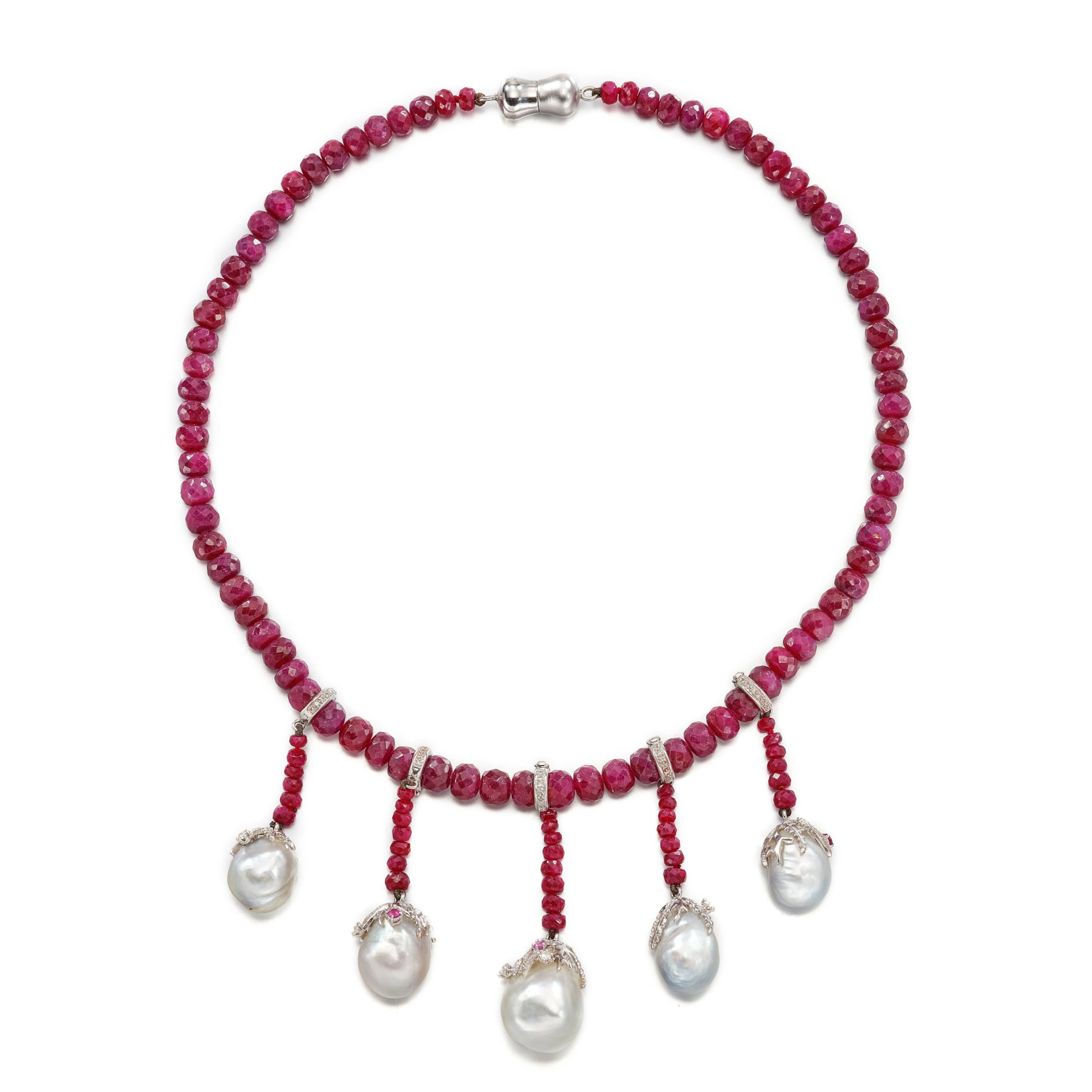 Cultured Pearl, Ruby Bead and Diamond Necklace | 養殖珍珠 及 紅寶石珠 配 鑽石 項鏈