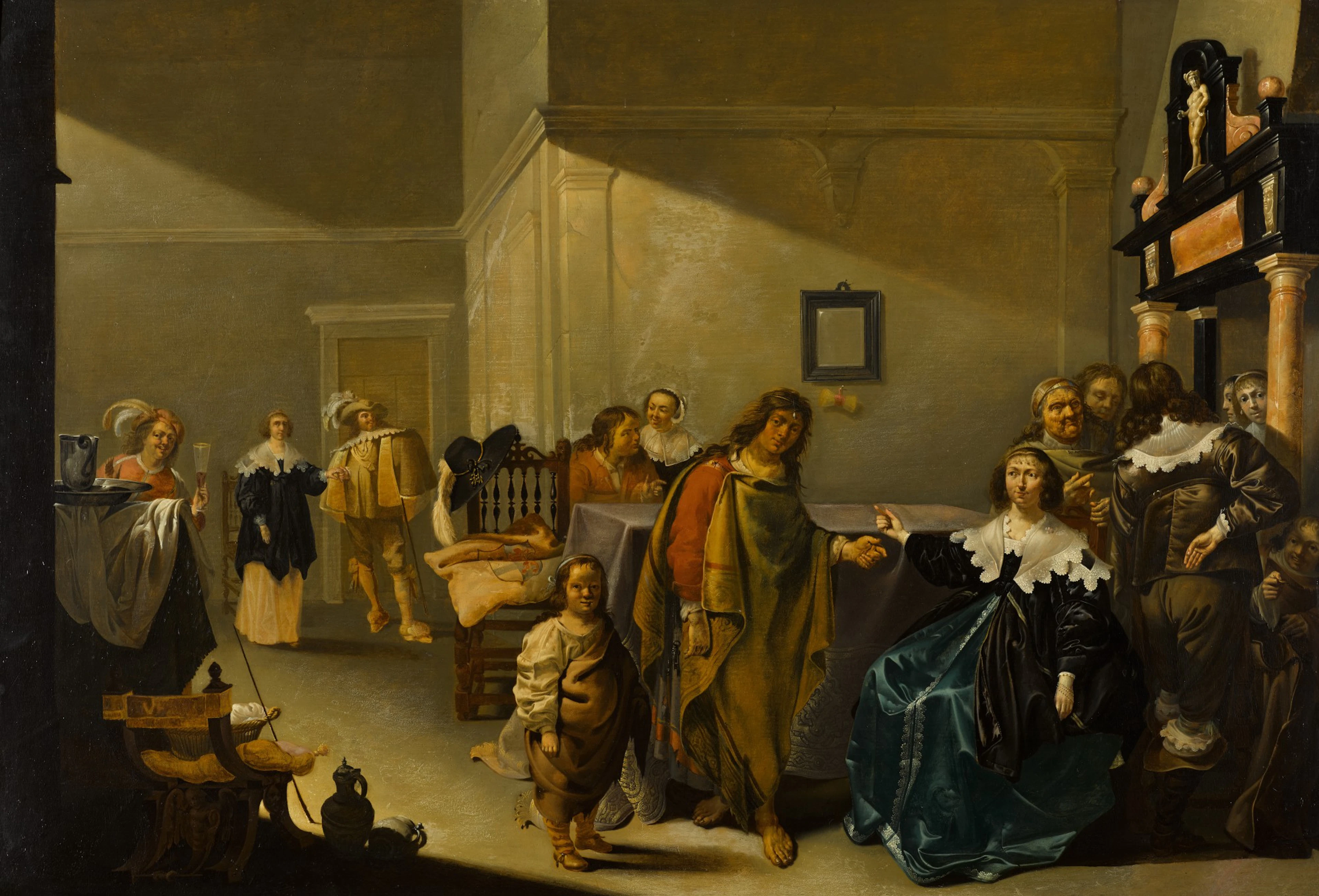 Interior with elegantly-dressed figures and a fortune teller with her retinue
