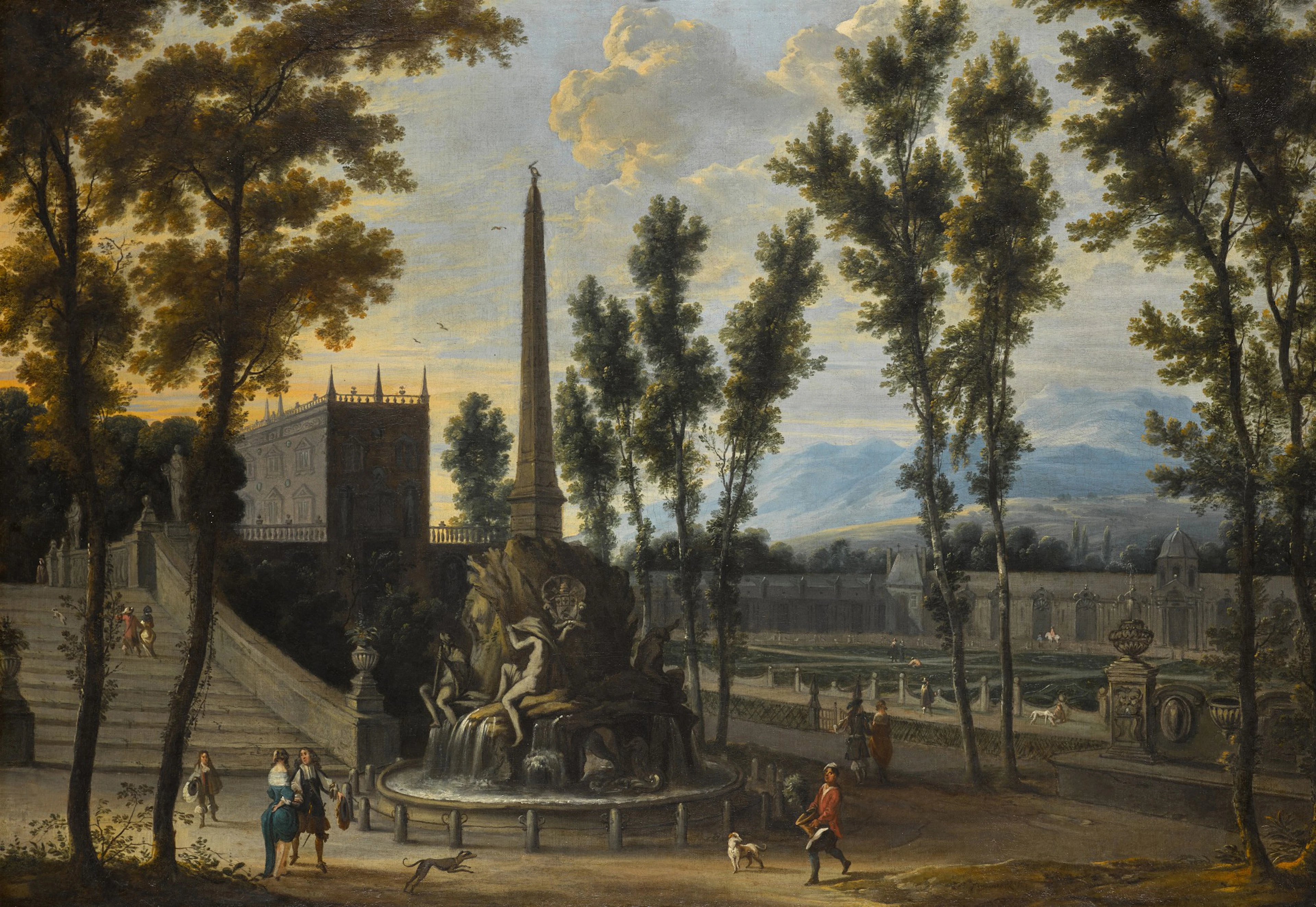 A capriccio of an Italianate palatial garden with figures...