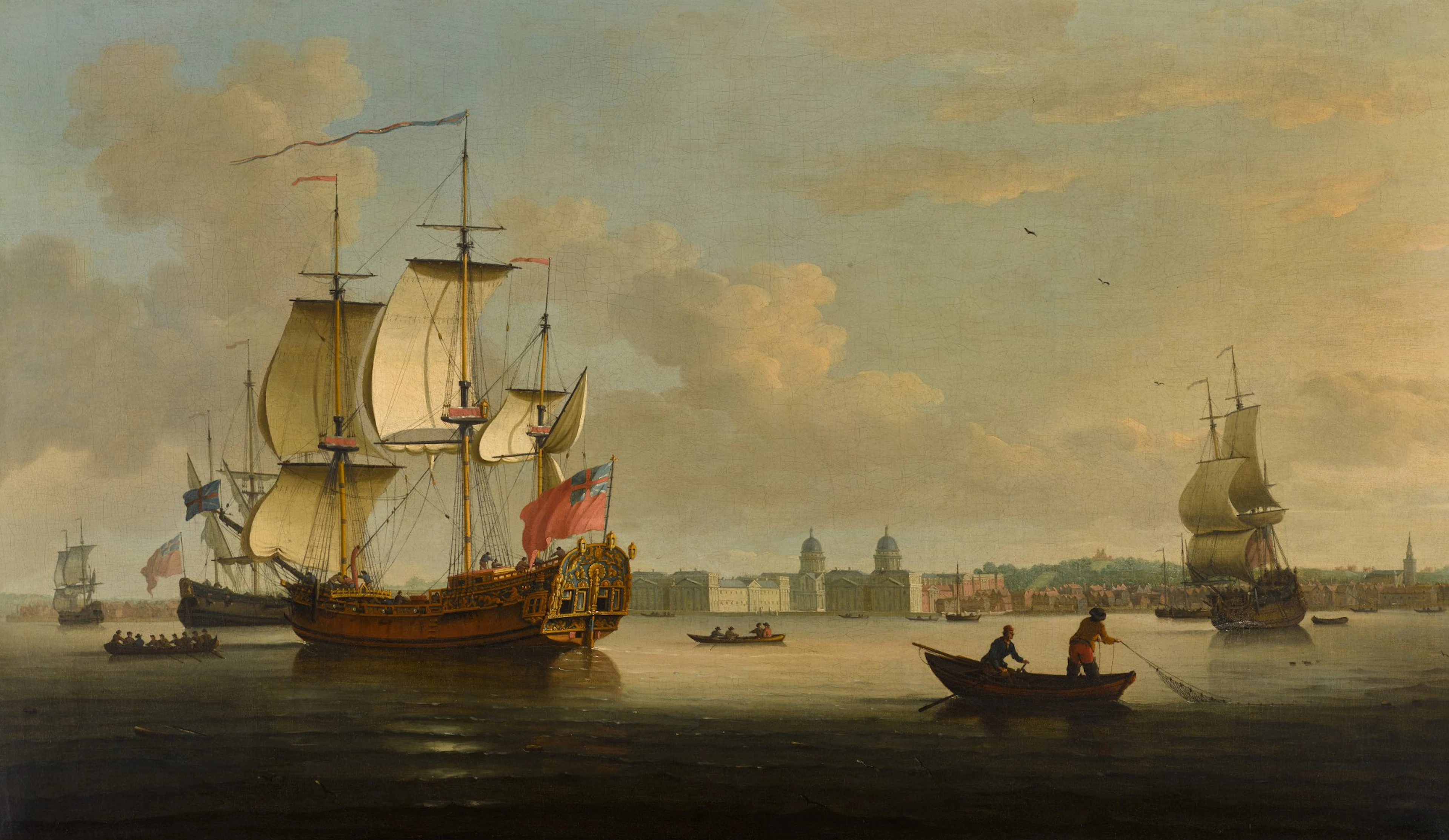 London, a view of the Thames at Greenwich with the HMY Royal Caroline