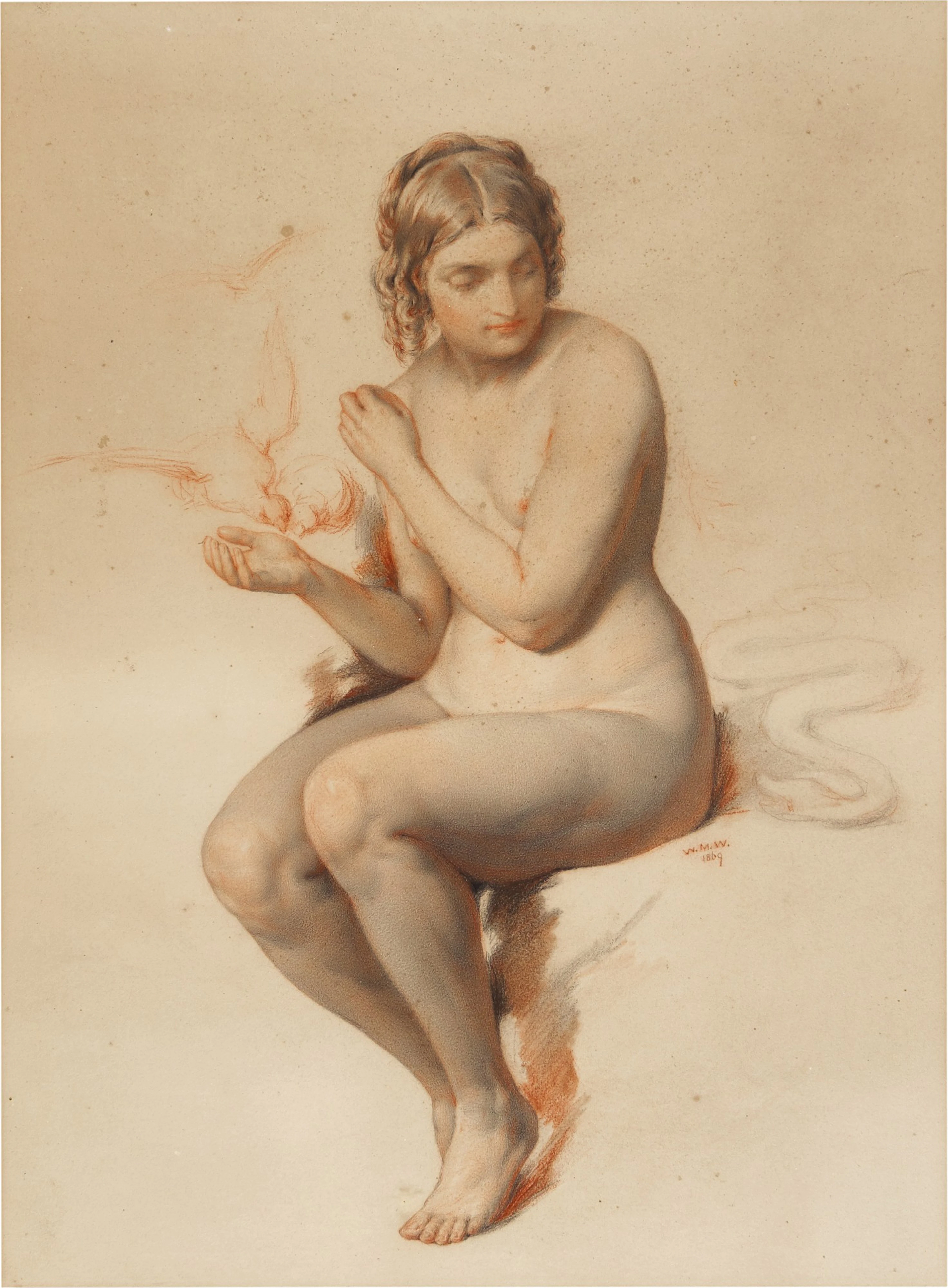 Study of Eve feeding a dove with a serpent nearby