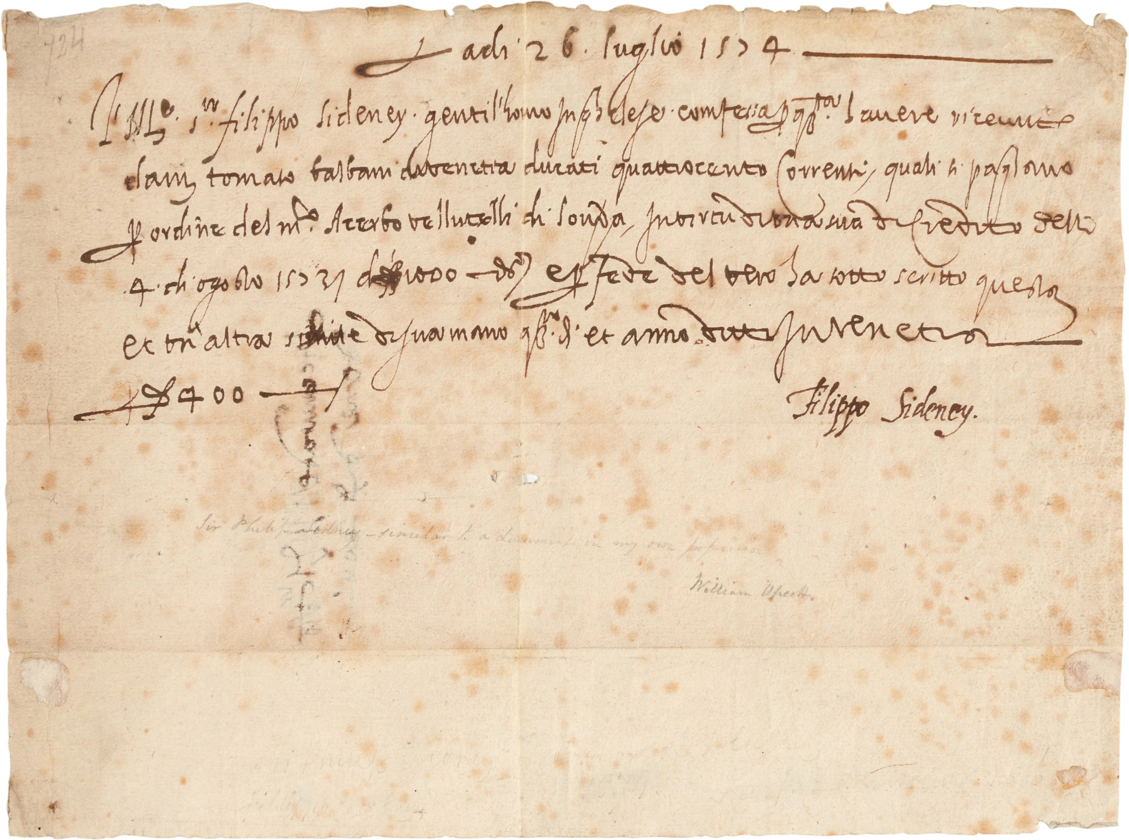 Sir Philip Sidney | Document signed, letter of credit, 26 July 1574