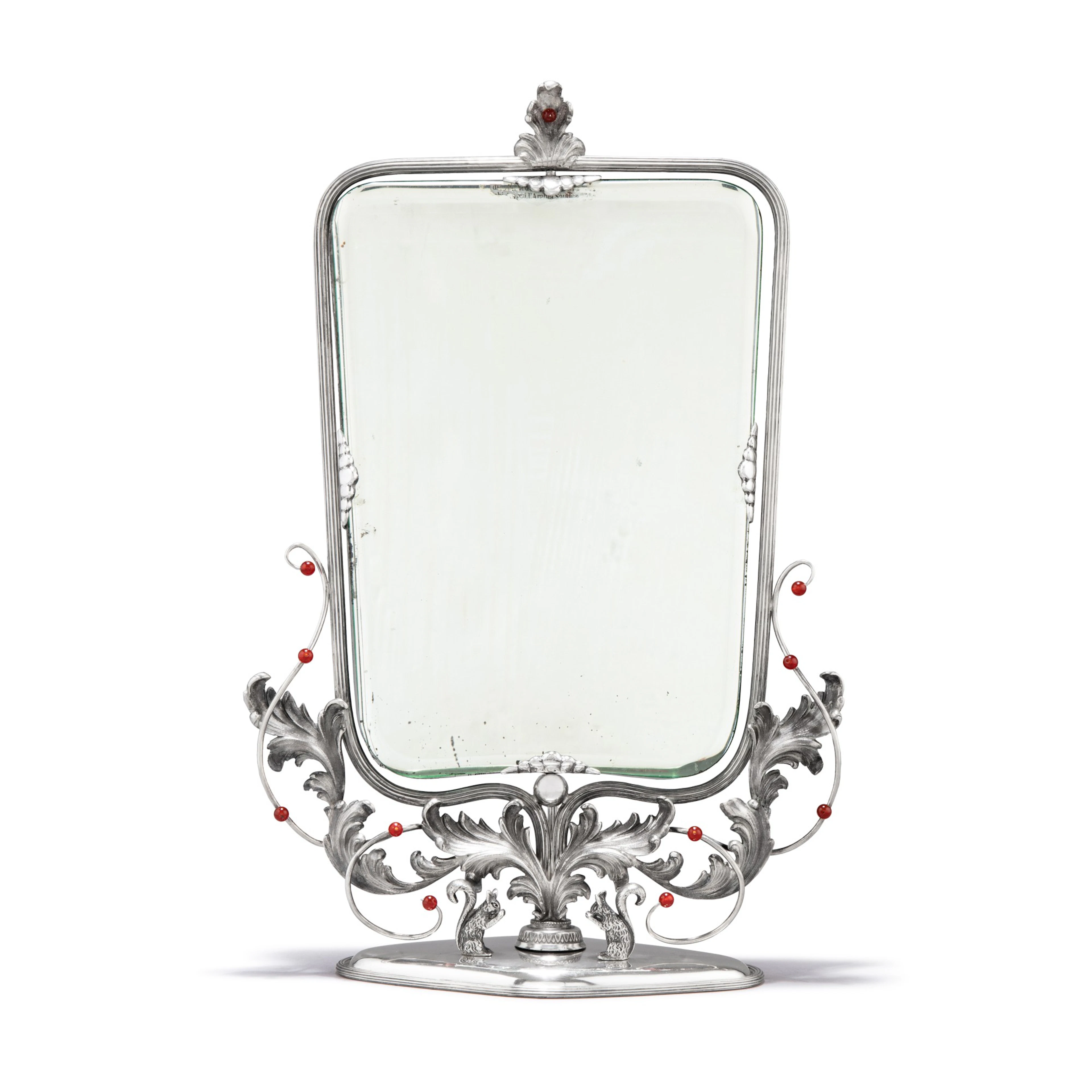 An Italian silver toilet mirror insert with carnelian beads