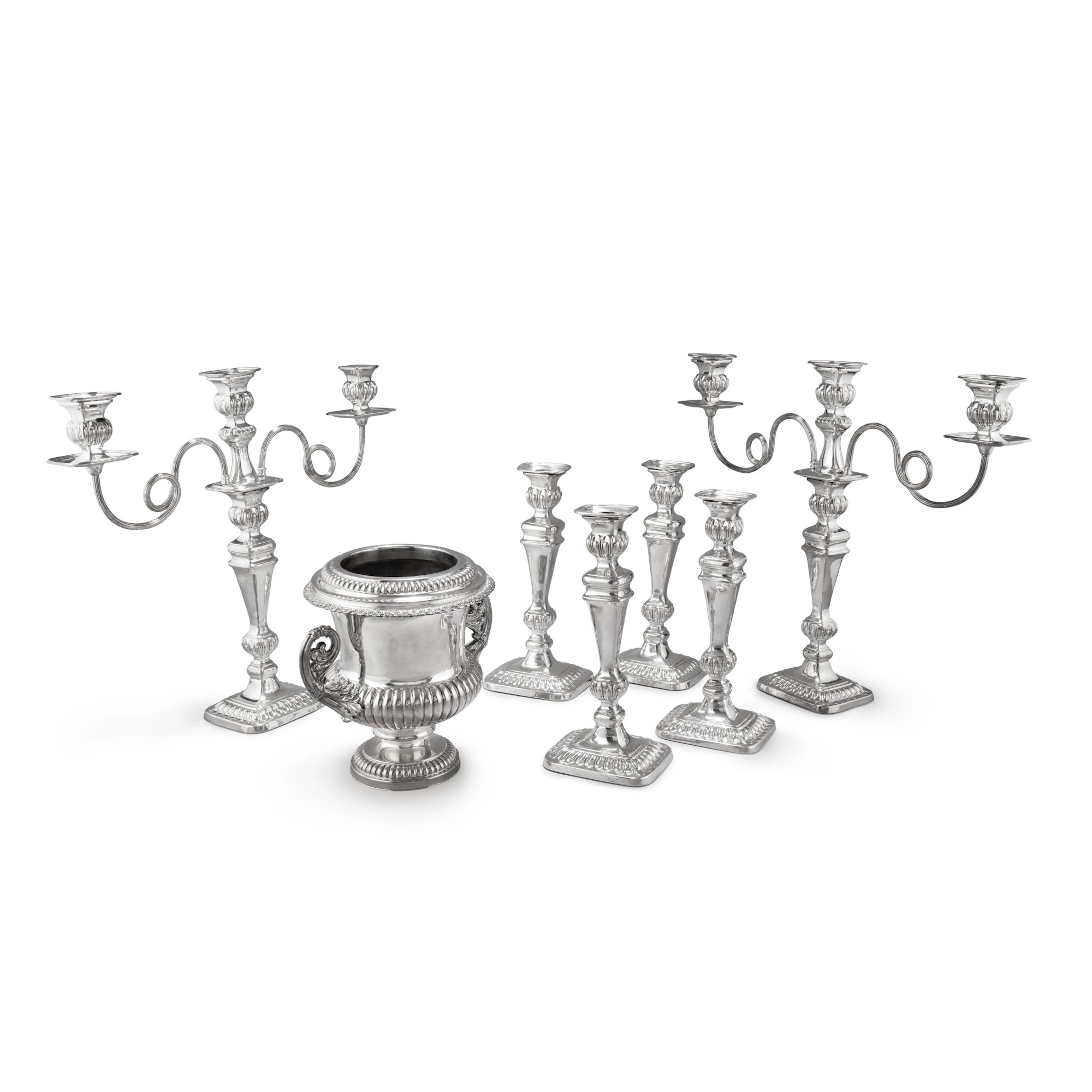A set of 2 three-light candelabra and 4 candlesticks
