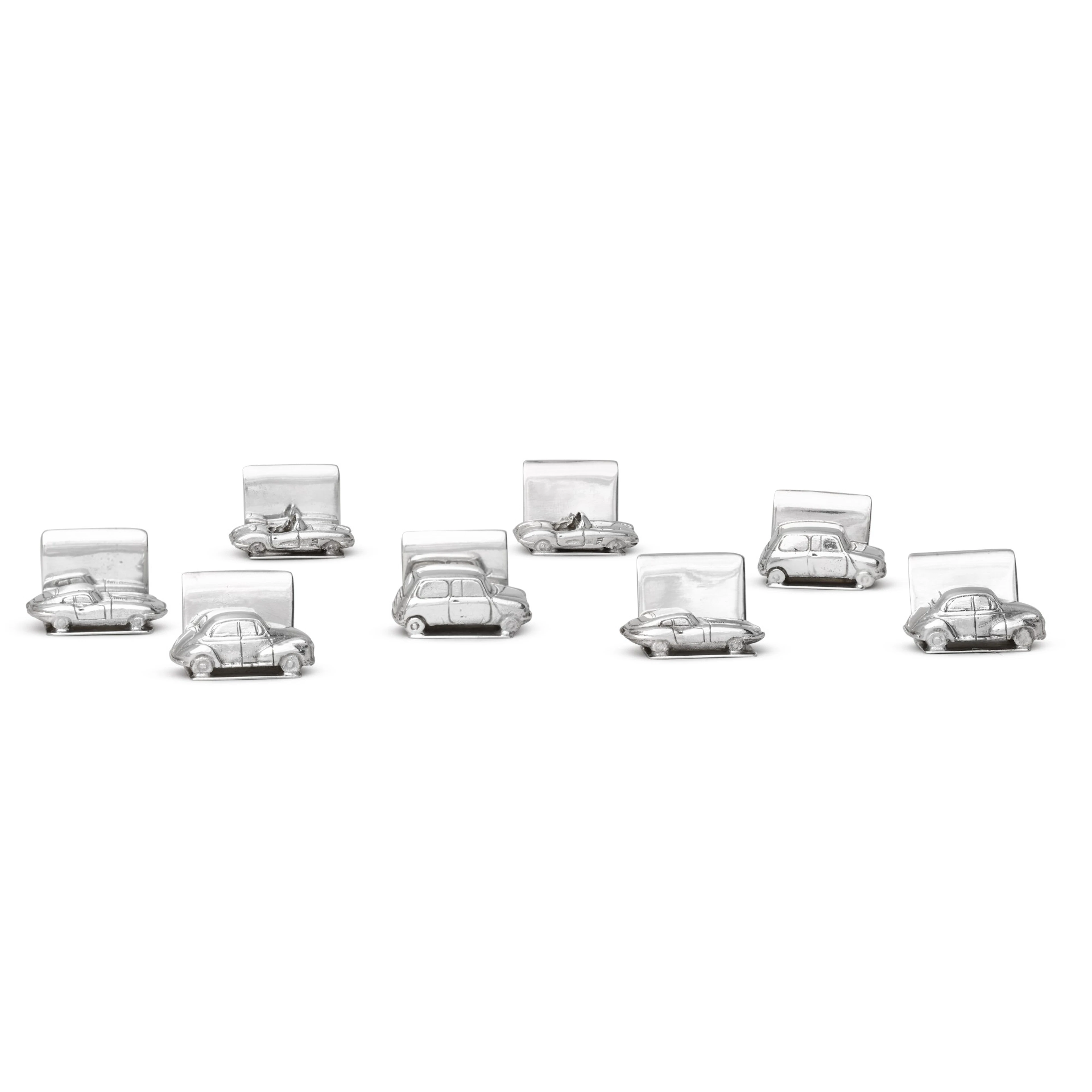 A set of eight silver British classic car menu holders