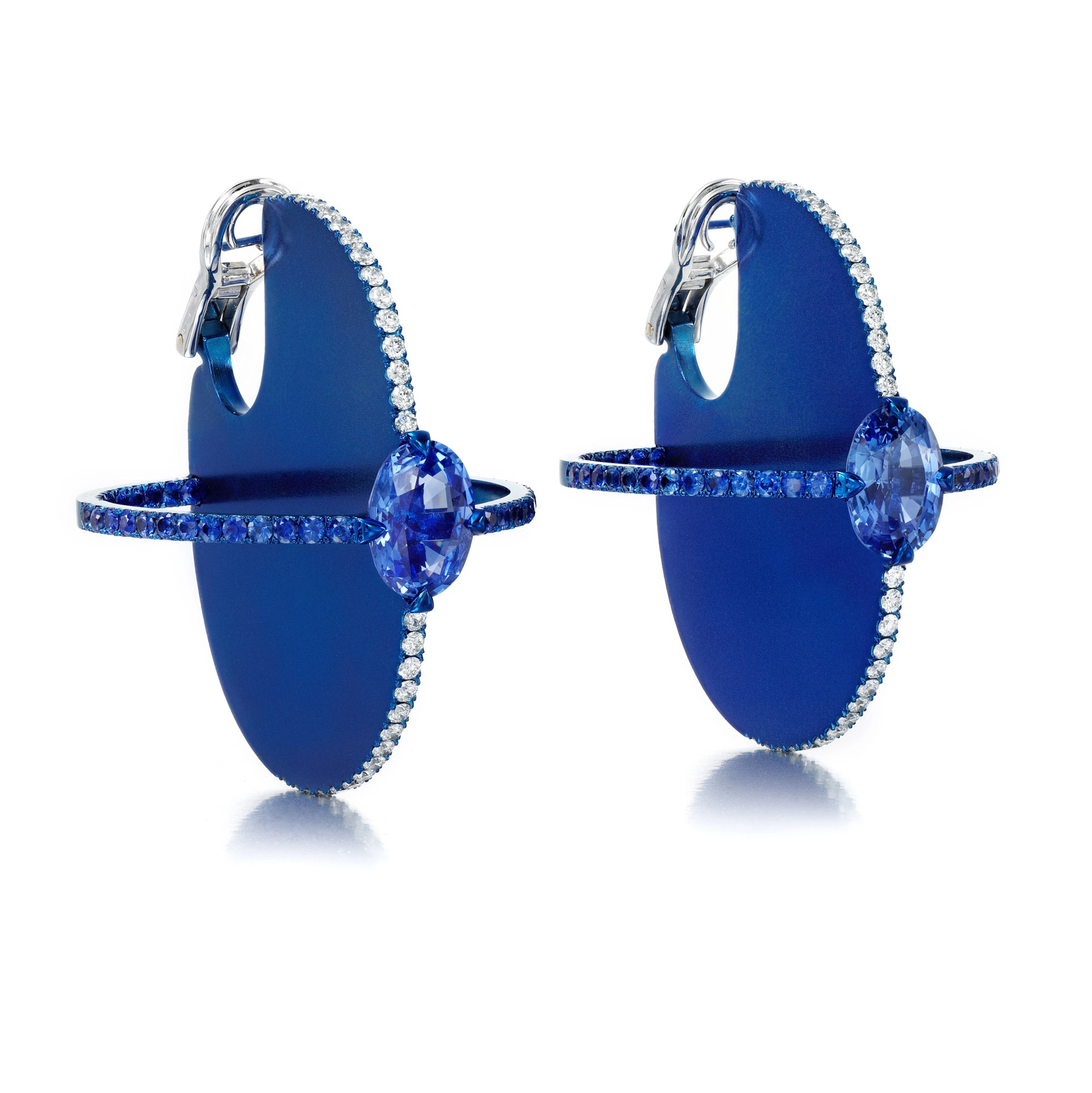 Pair of blue titanium, diamond, sapphire and Ceylon sapphire earrings