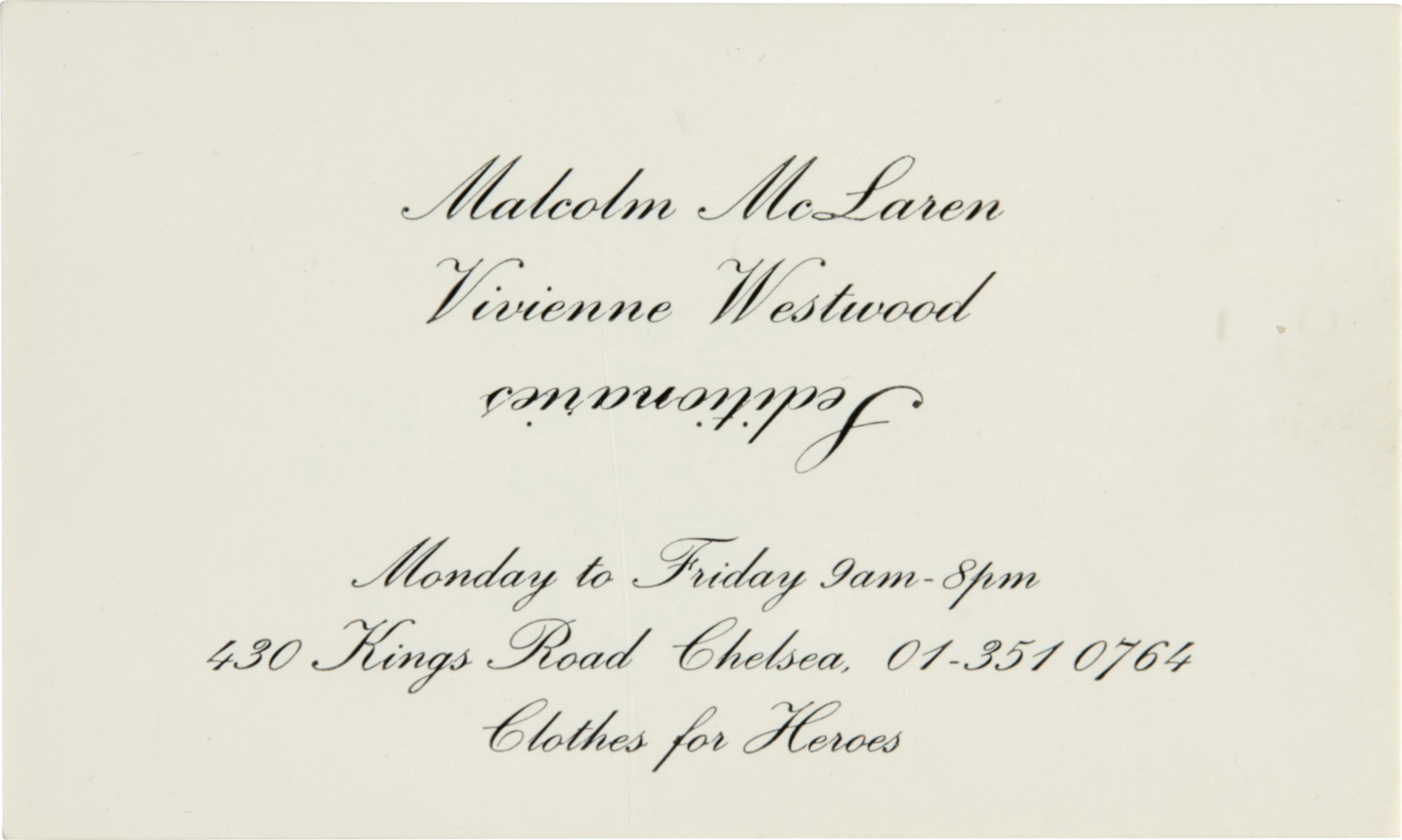 Malcolm McLaren and Vivienne Westwood | Business card for Seditionaries, 1977