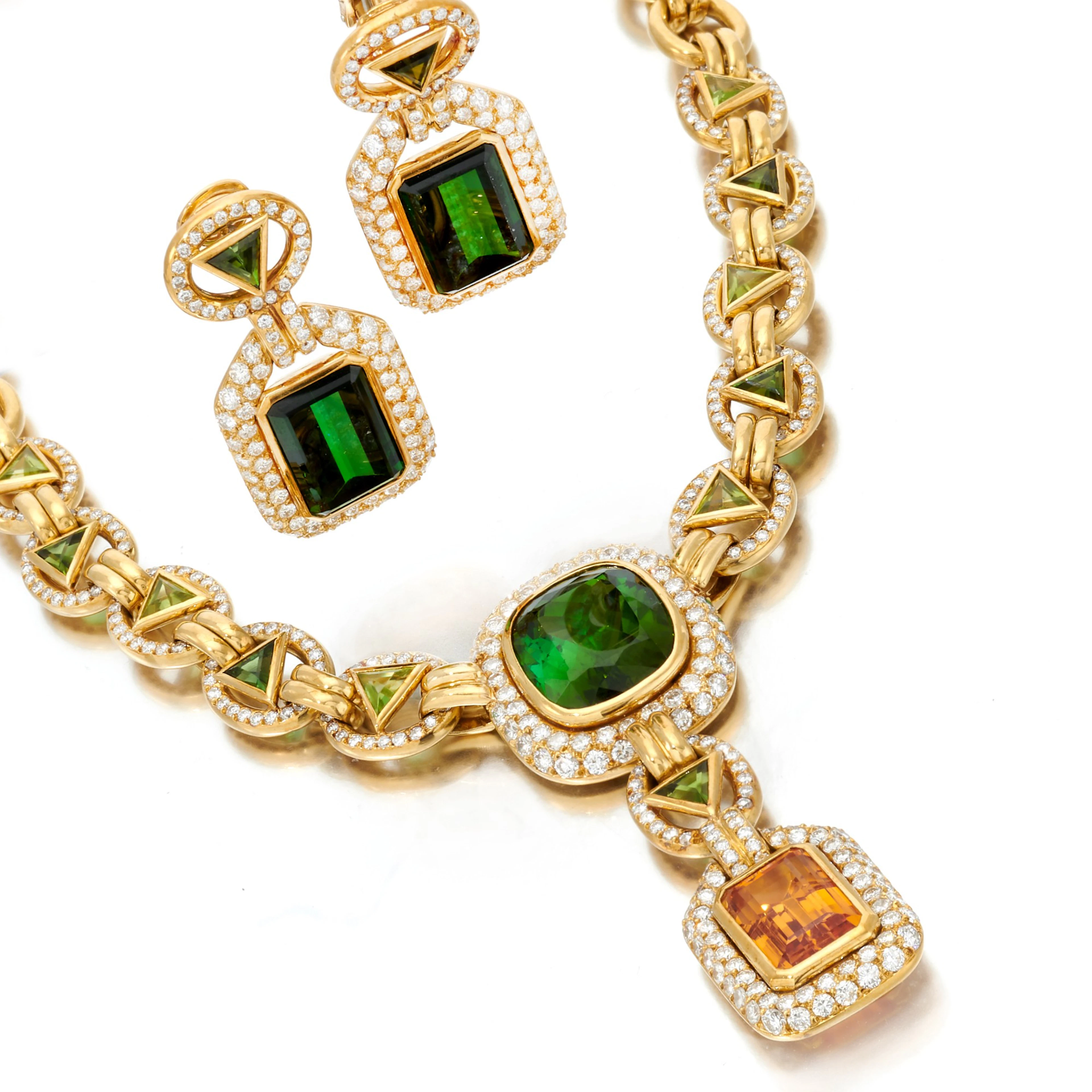 Tourmaline and diamond necklace and pair of earrings...