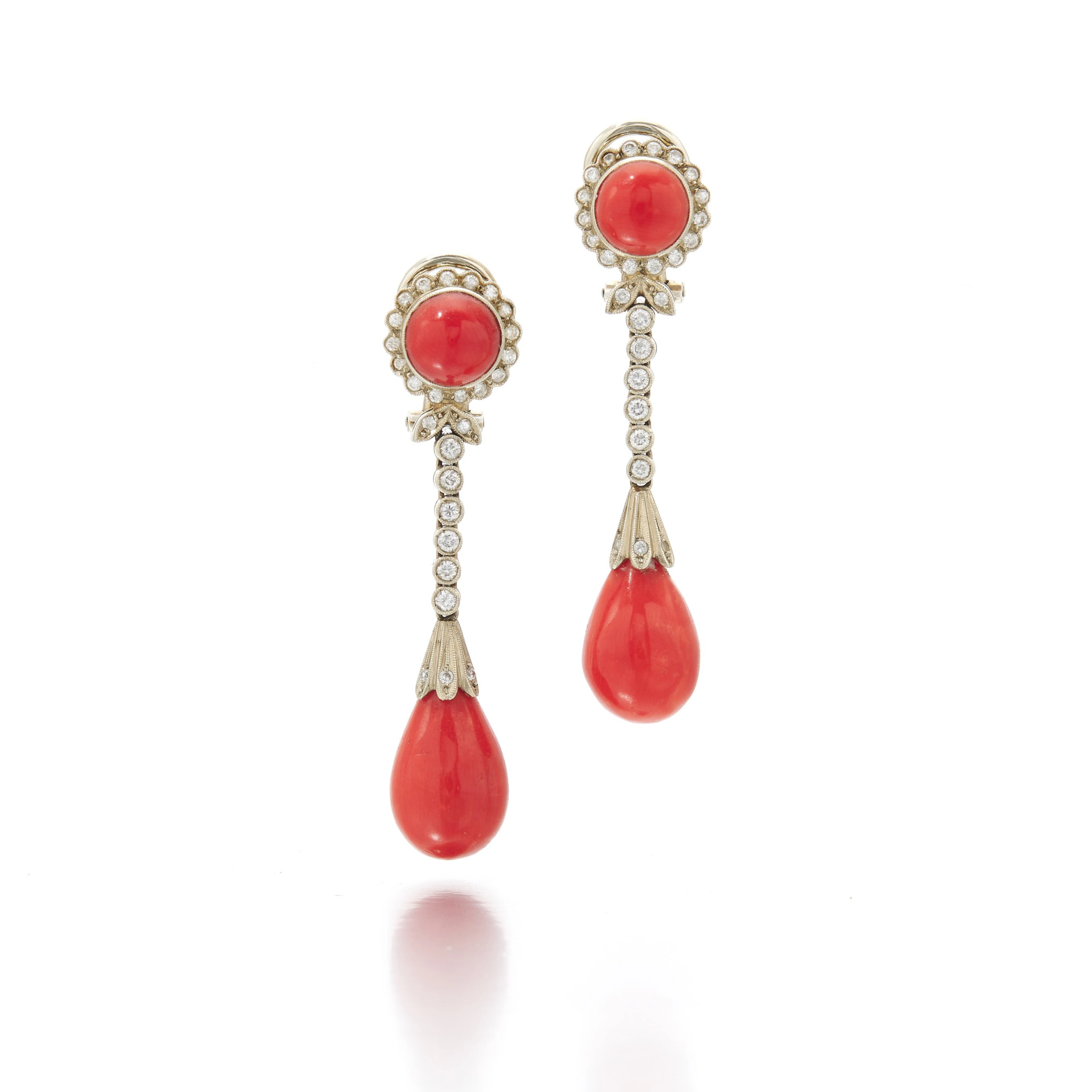 Pair of coral and diamond pendant ear clips (Orecchini...