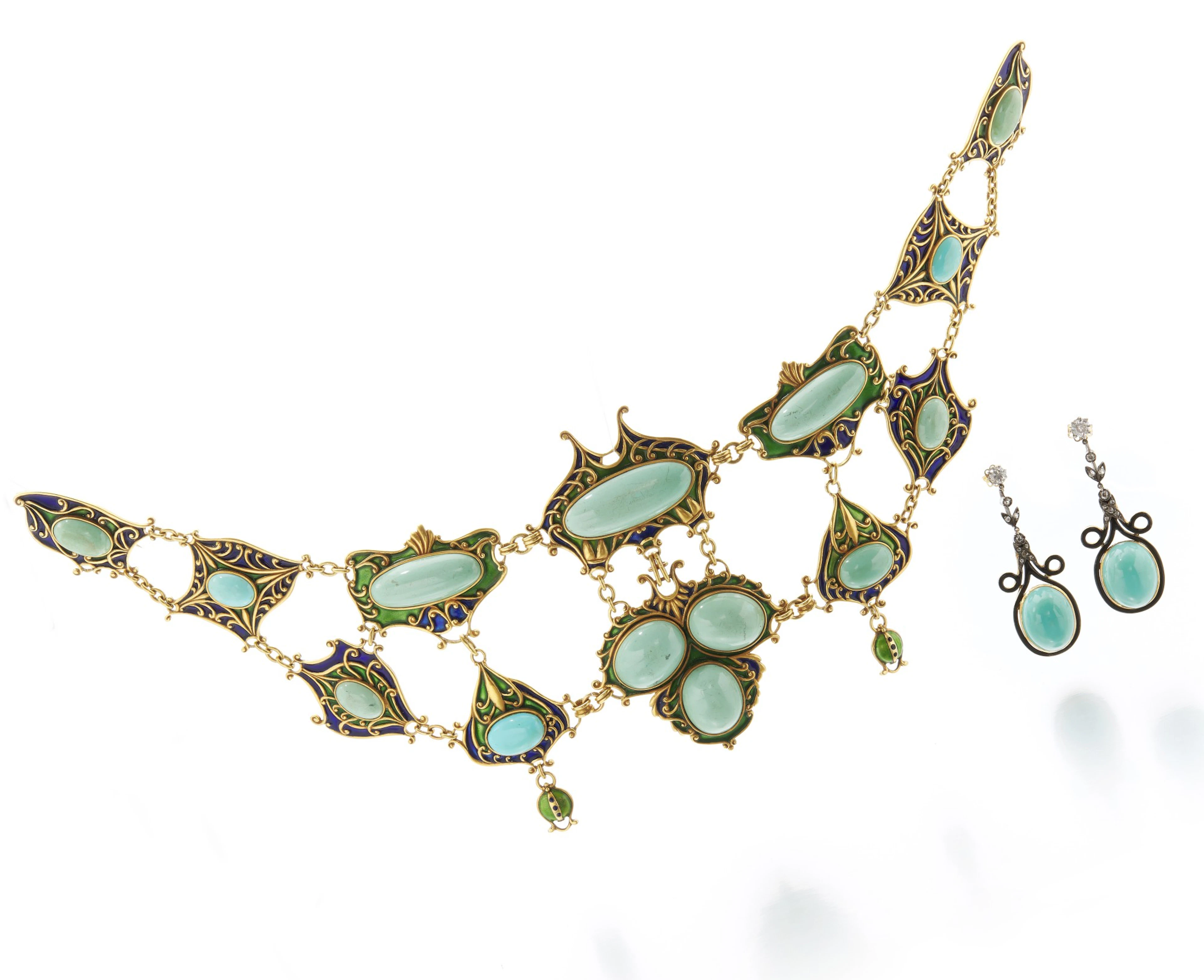 Enamel, turquoise devant de corsage and a pair of...