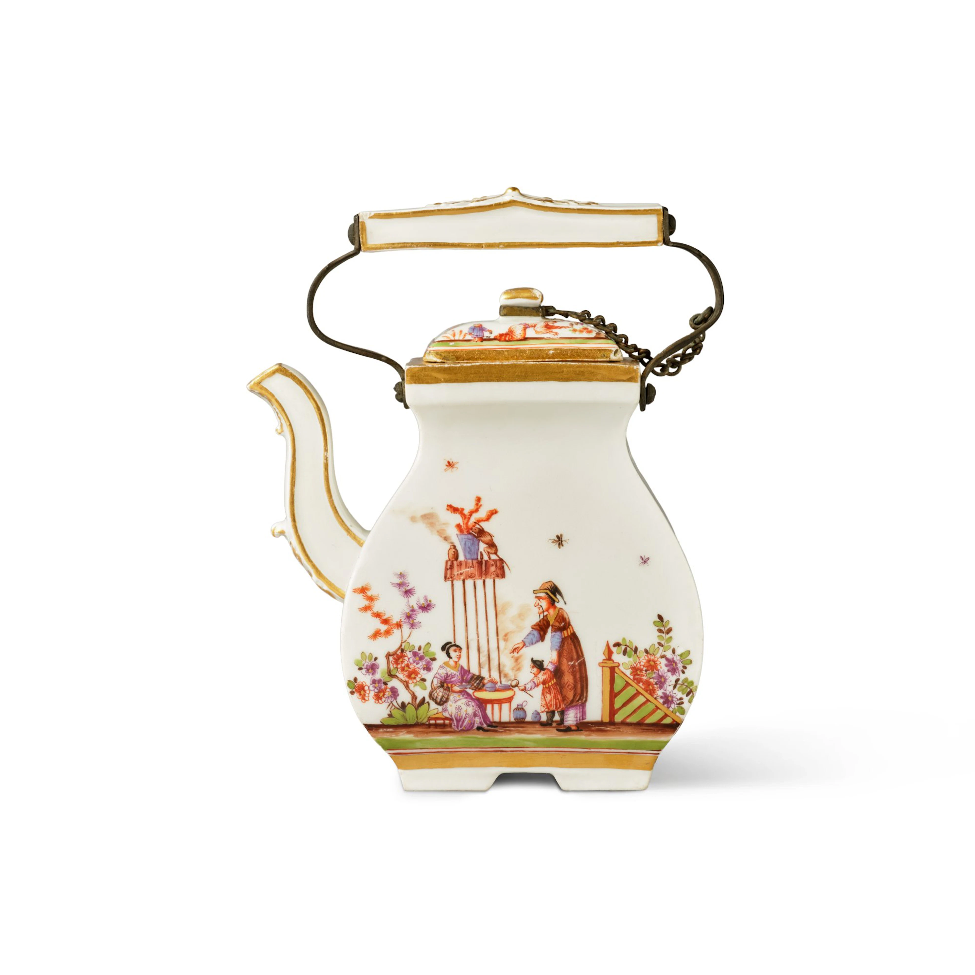 A Meissen Tea Kettle and Cover, The Porcelain Circa 1735, The Decoration Later