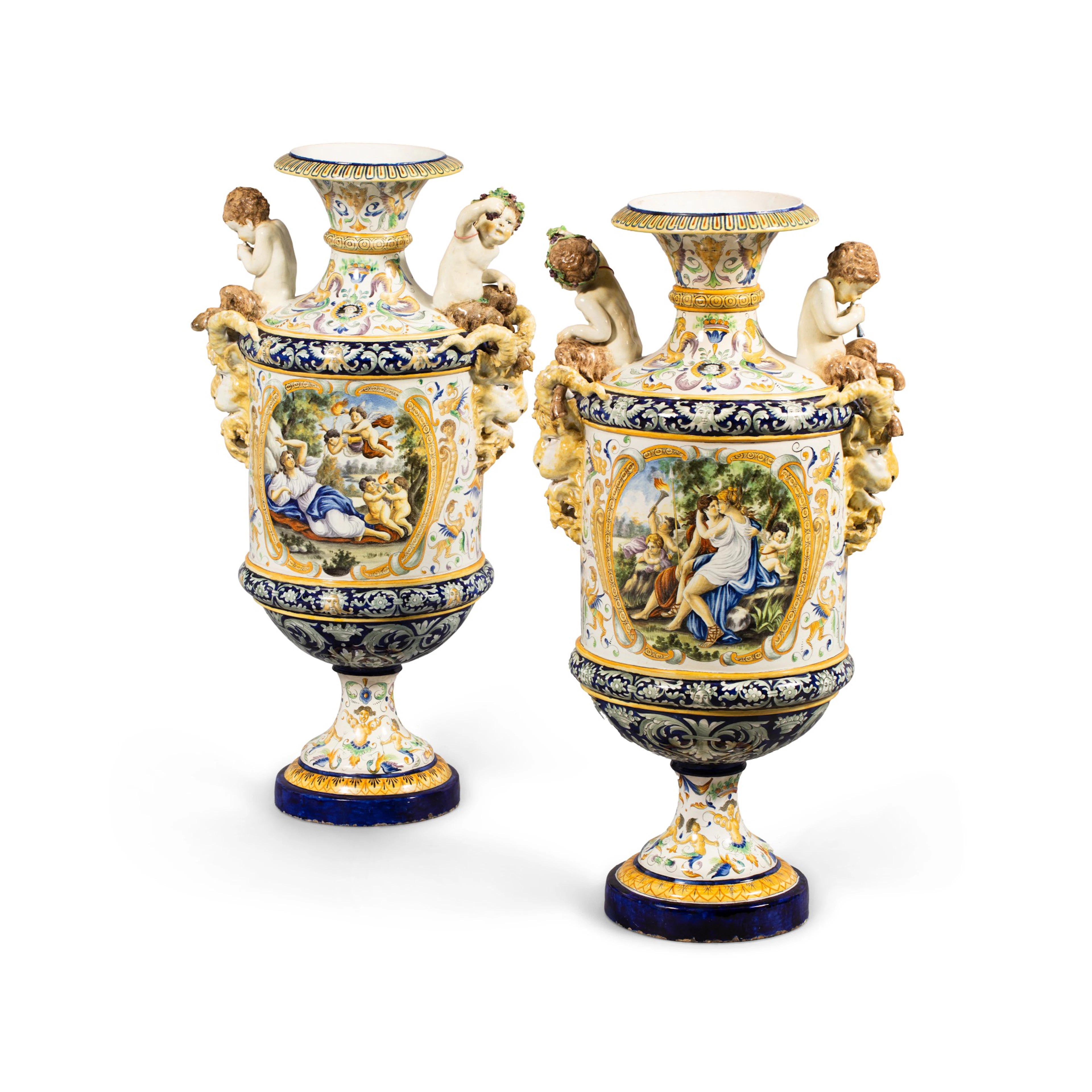 A pair of Italian maiolica Renaissance revival istoriato vases, circa 1900