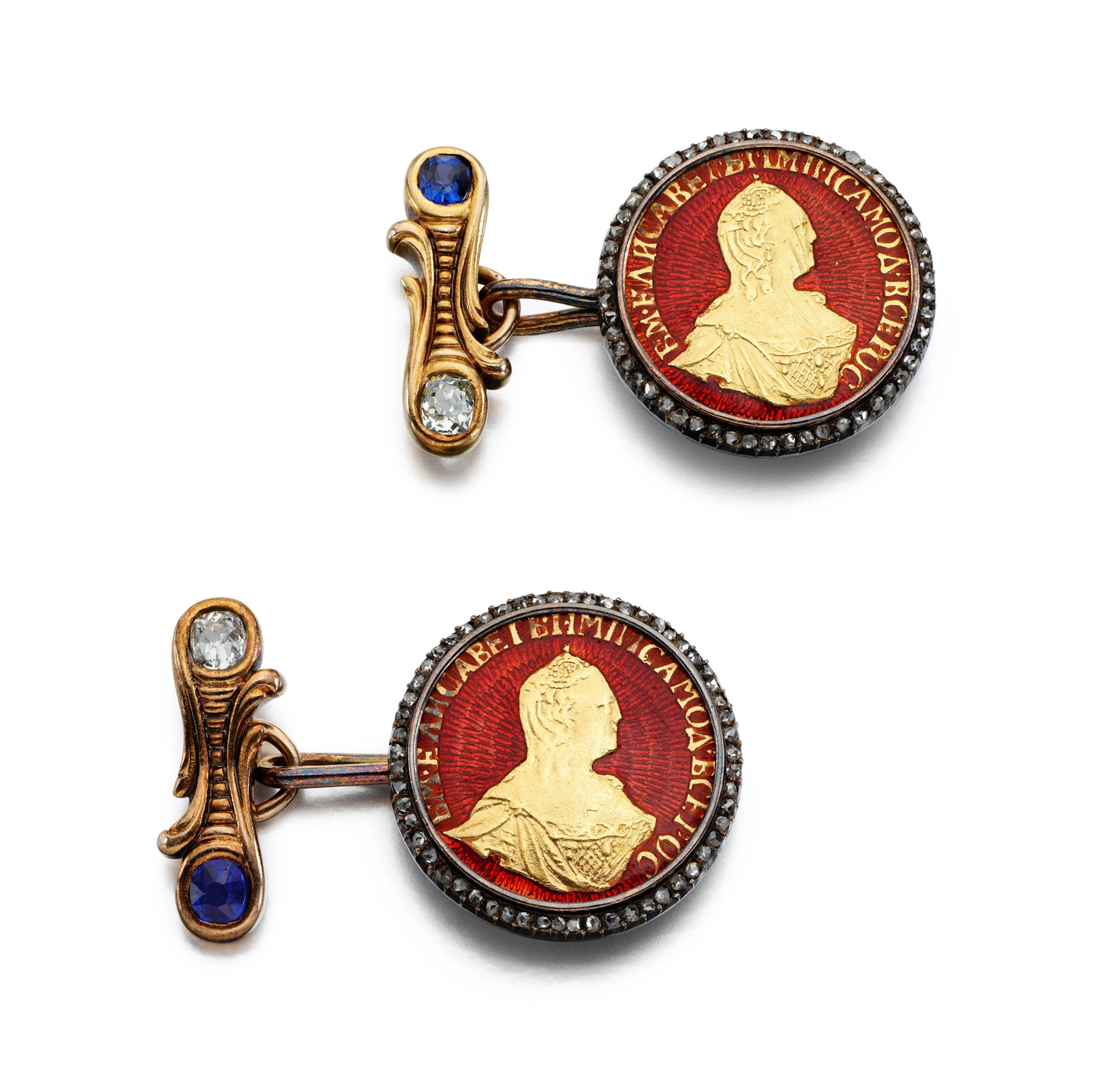 A pair of Fabergé jewelled varicoloured gold and guilloché enamel cufflinks