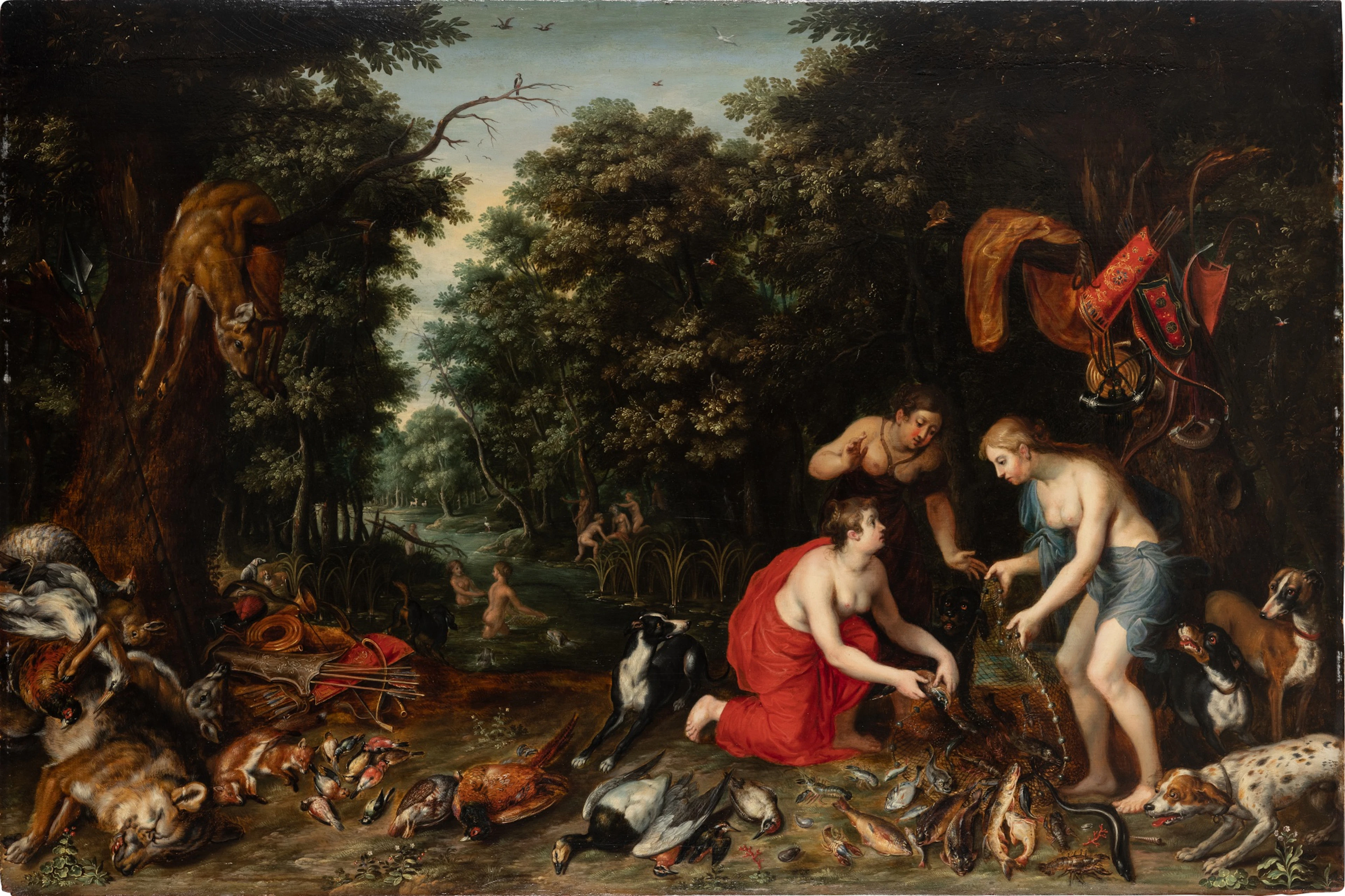 Diana and her nymphs with the spoils of the chase in a forest landscape