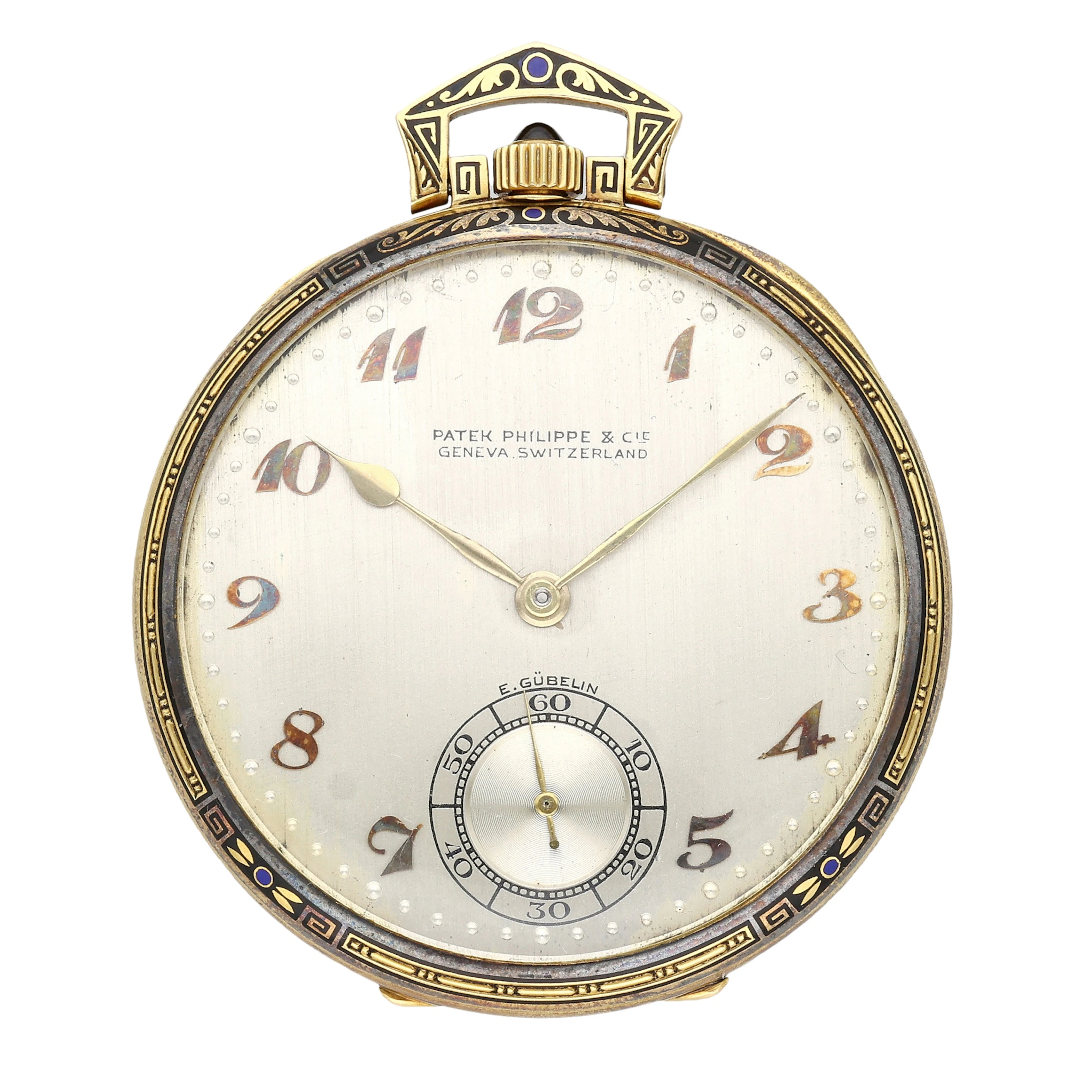 Retailed by E Gubelin: A yellow gold and enamel open faced watch, Circa 1920