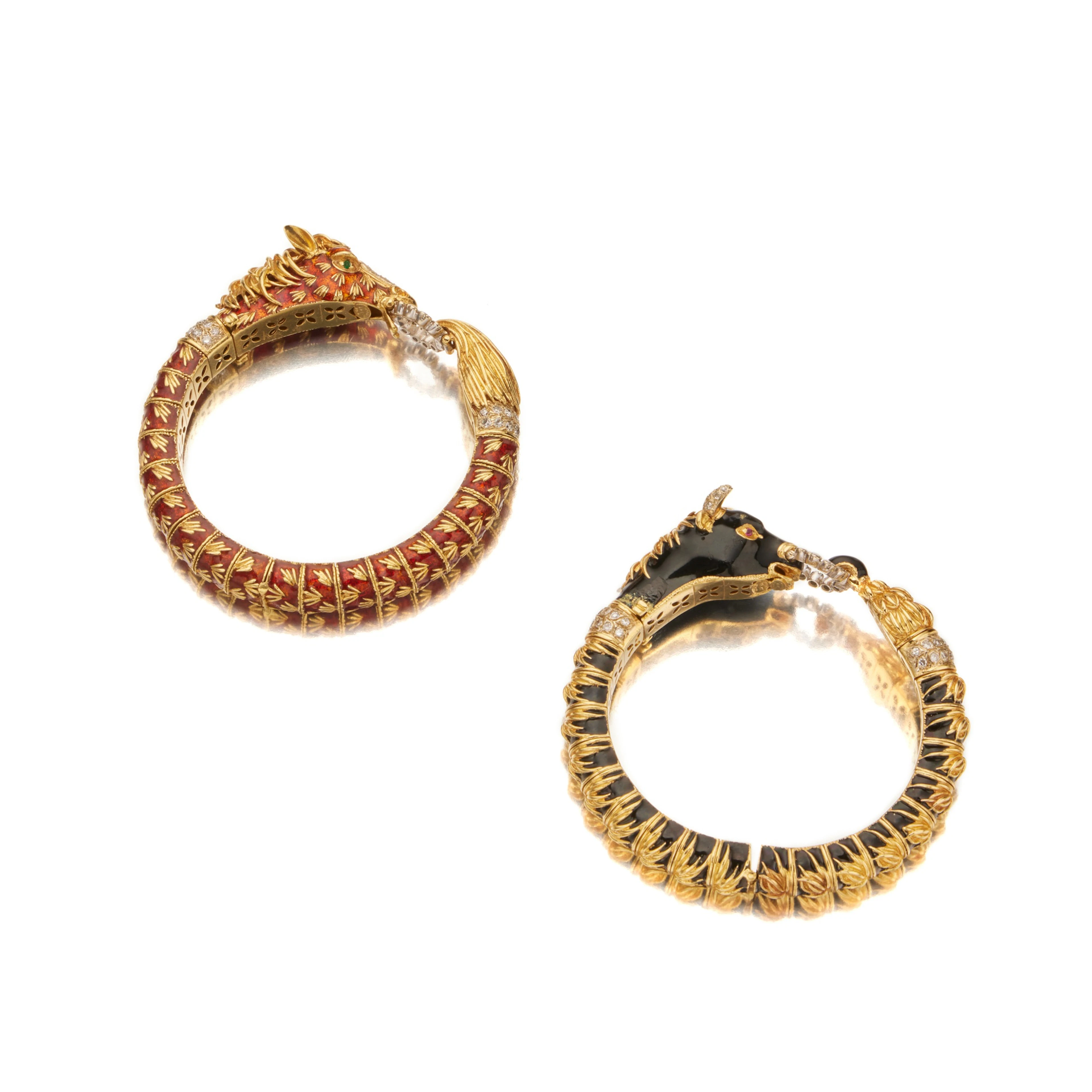 Two Gold, Enamel and Diamond Bracelets