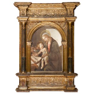A Renaissance style painted and carved giltwood and polychrome frame