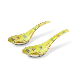 A pair of yellow-ground famille-rose 'butterfly and shuangxi' spoons