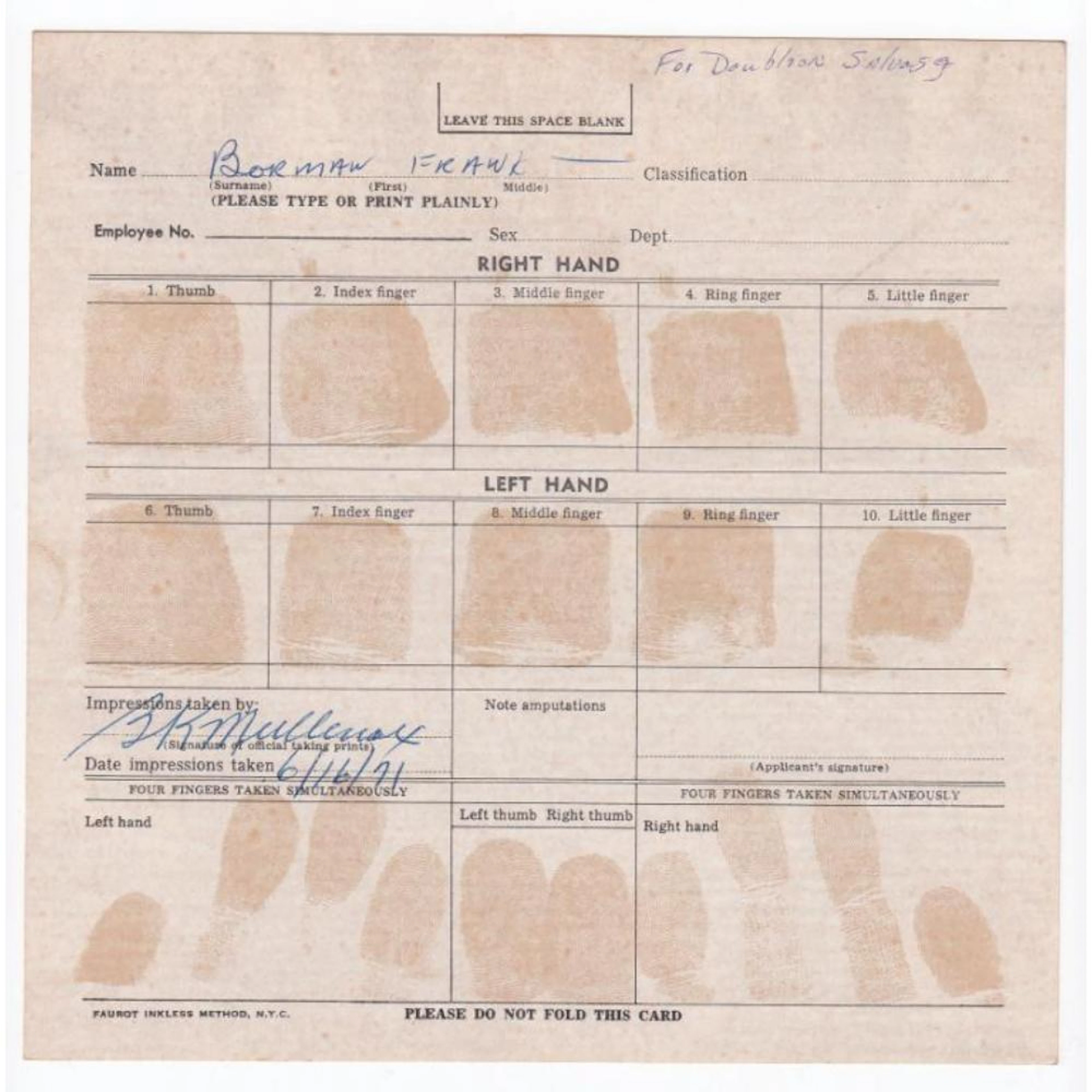 Frank Borman's Treasure Hunting 1971 Fingerprint Card