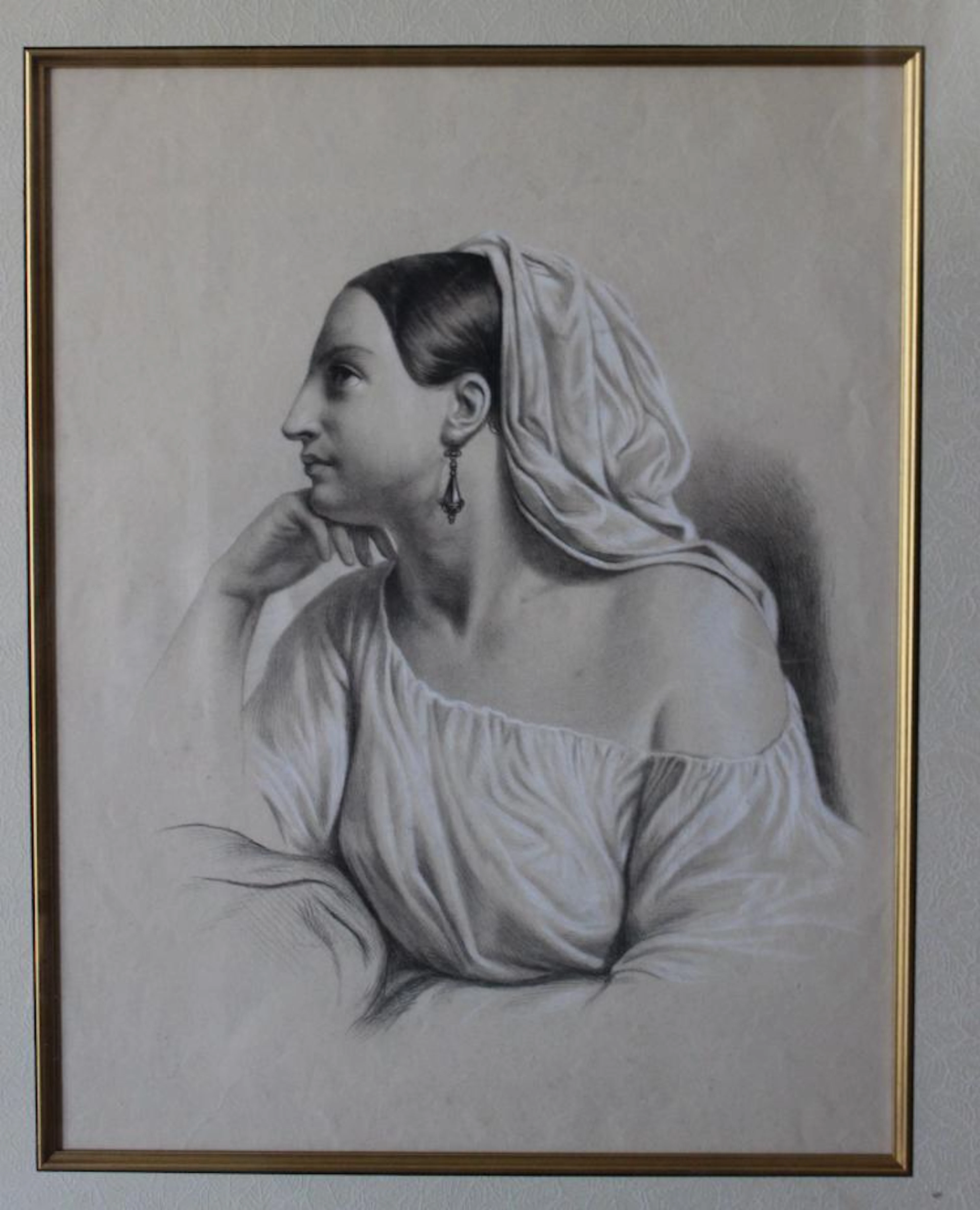 Antique academic classical style Italian/English drawing of young woman