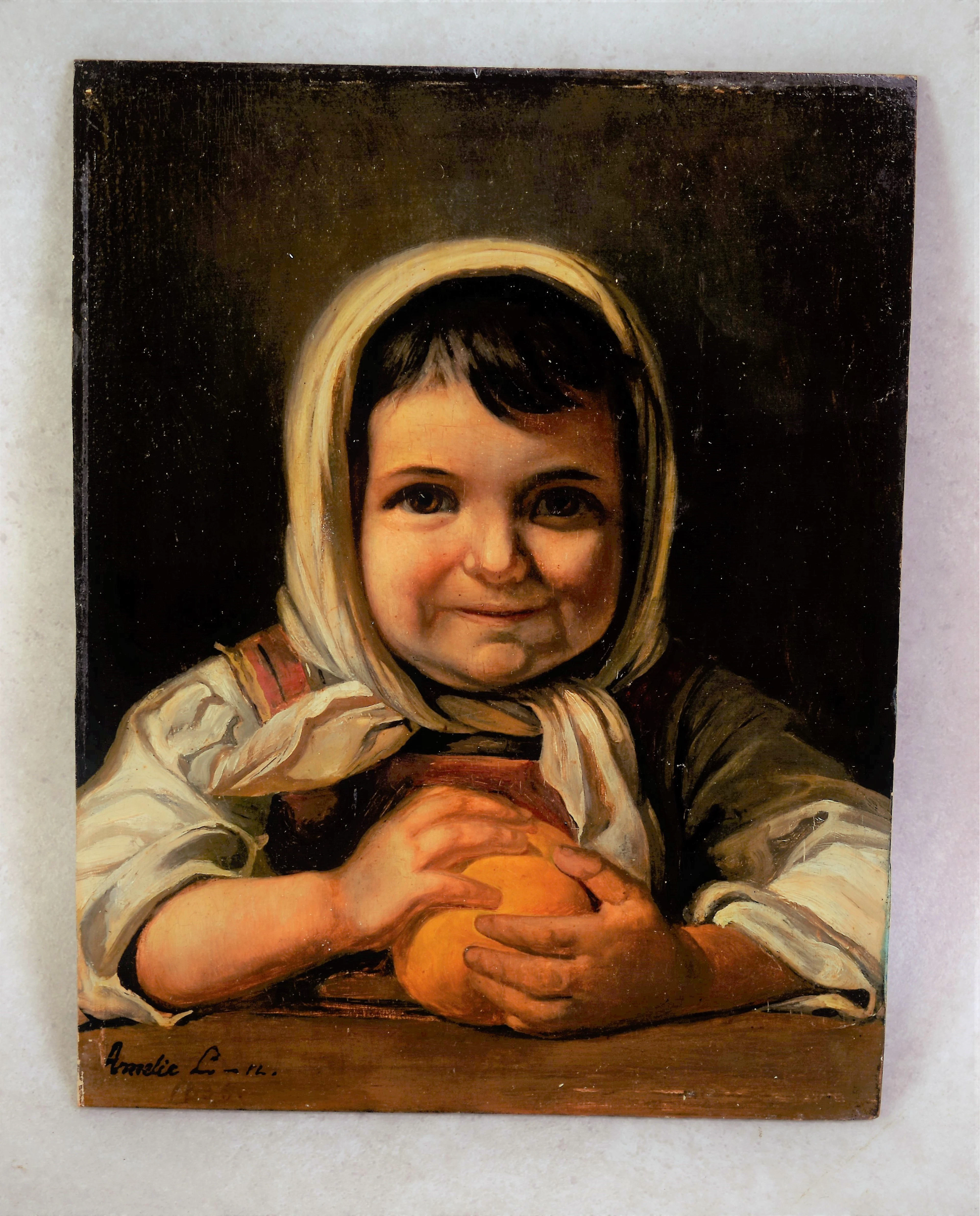 AMALIA LINDEGREN. 1814-1891 kopia efter original " Flicka med apelsin " olja på pannå.