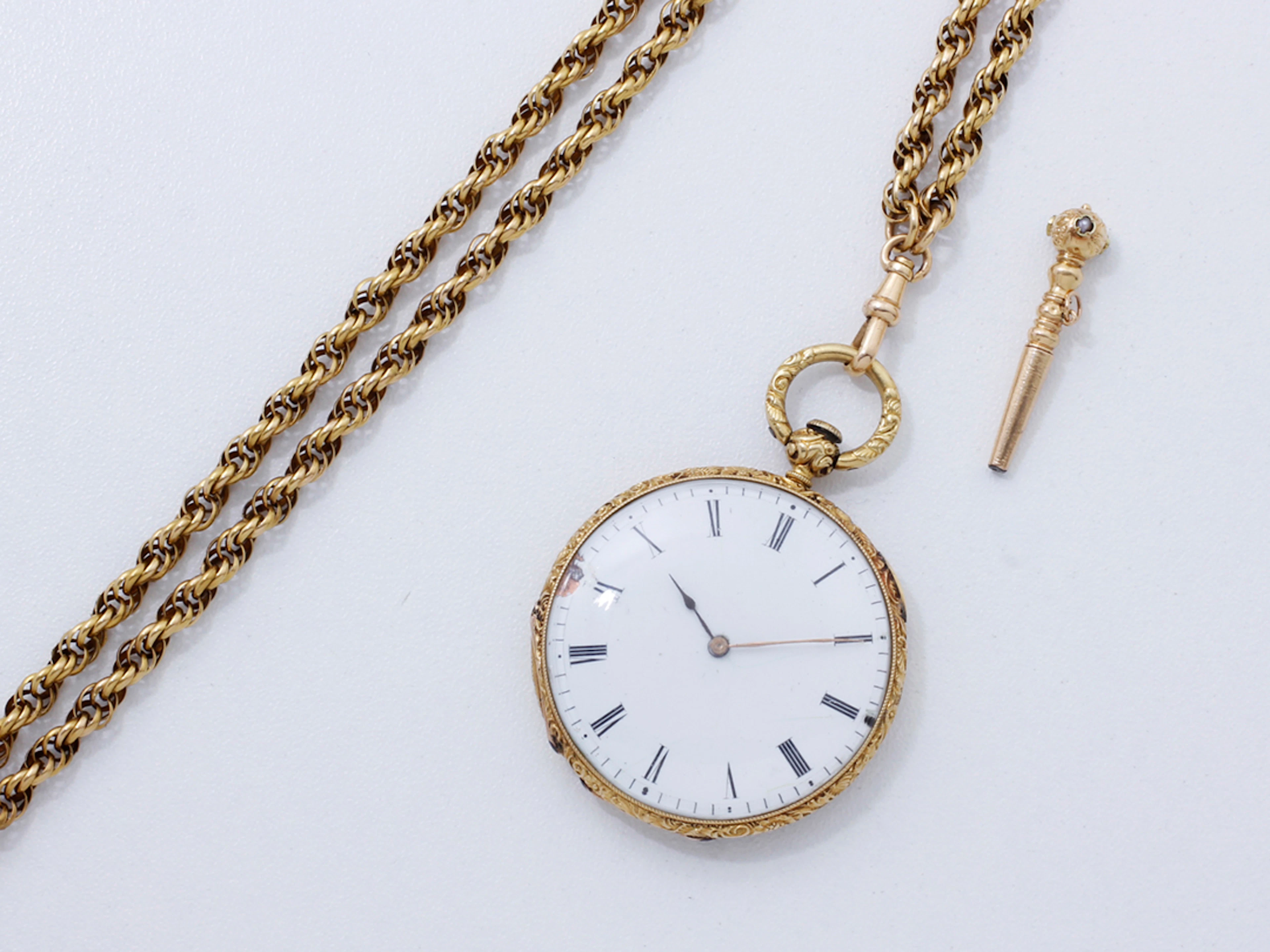 Montre de poche en or 750 millièmes, cadran émaillé blanc avec chiffres