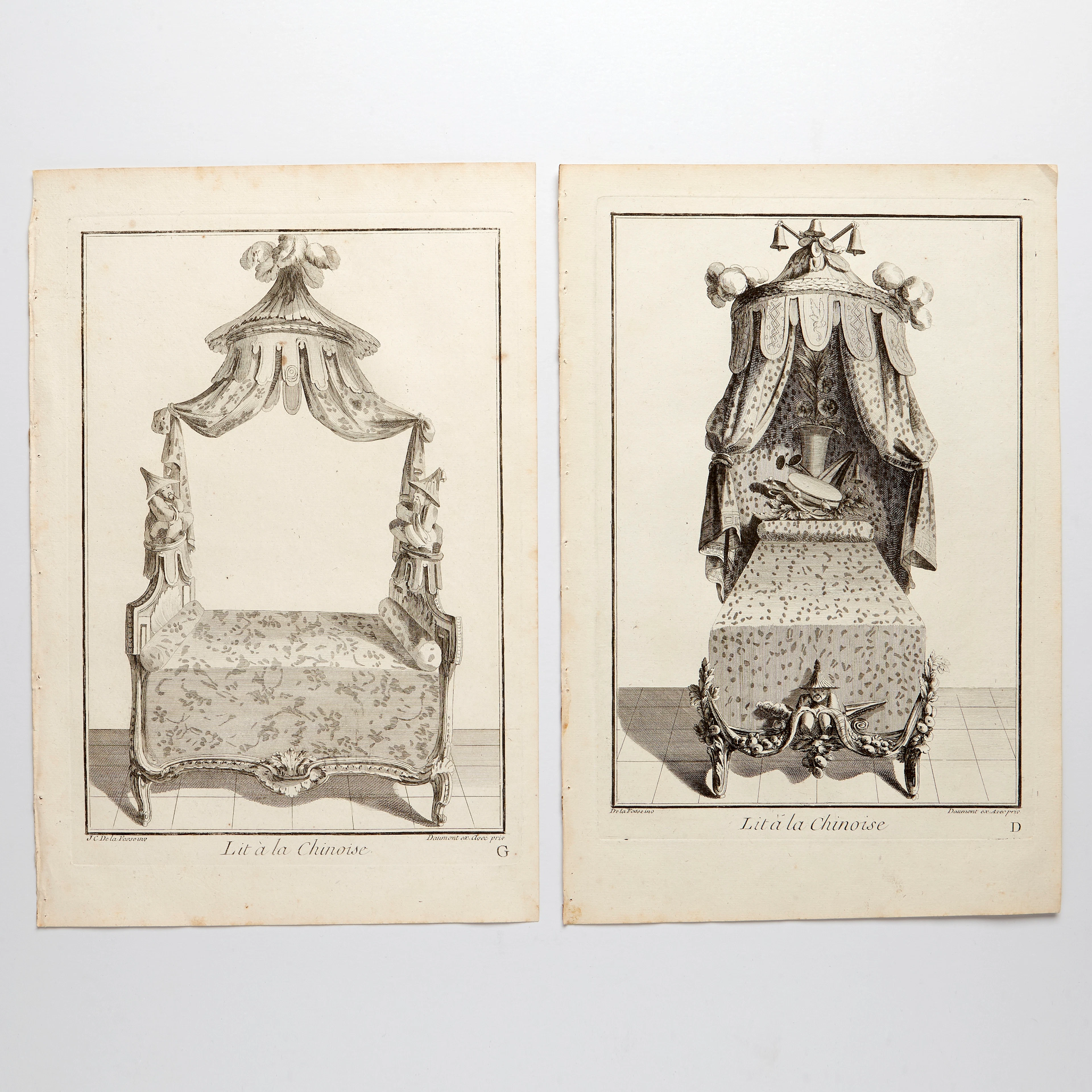 2 engraved plates "Lit à la Chine" ca 1765