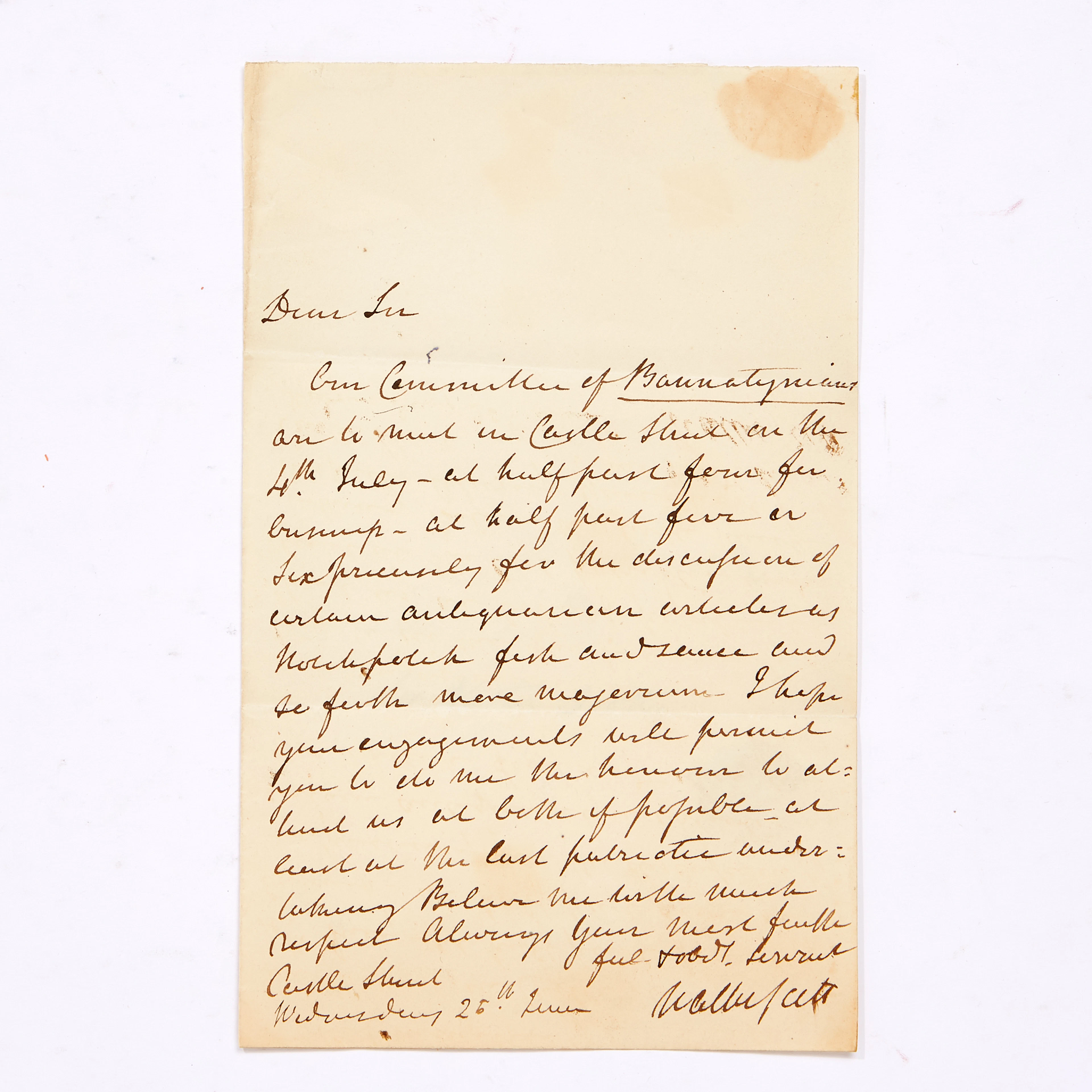 Walter Scott letter signed to John Clerk