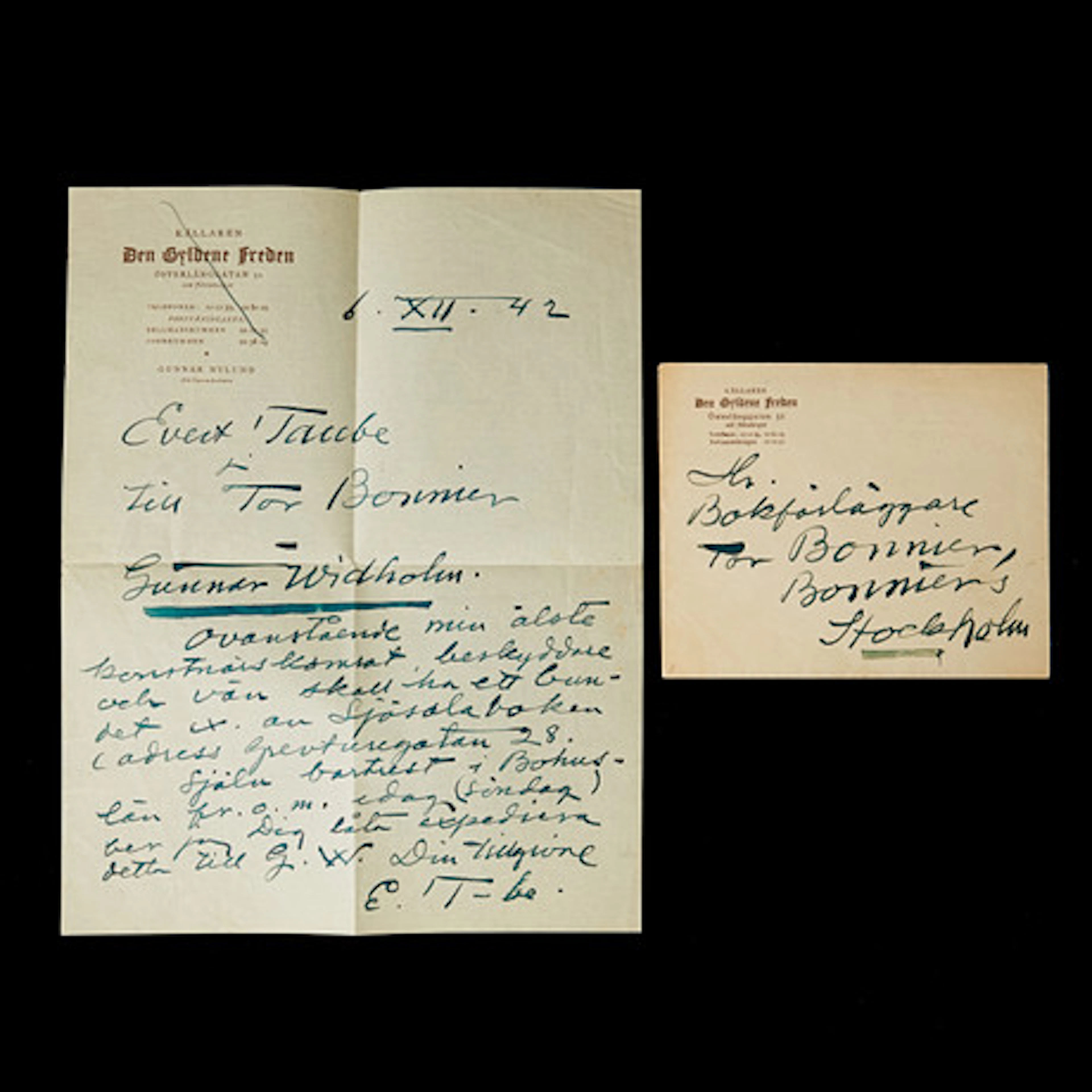 Evert Taube brev till Tor Bonnier 1942.