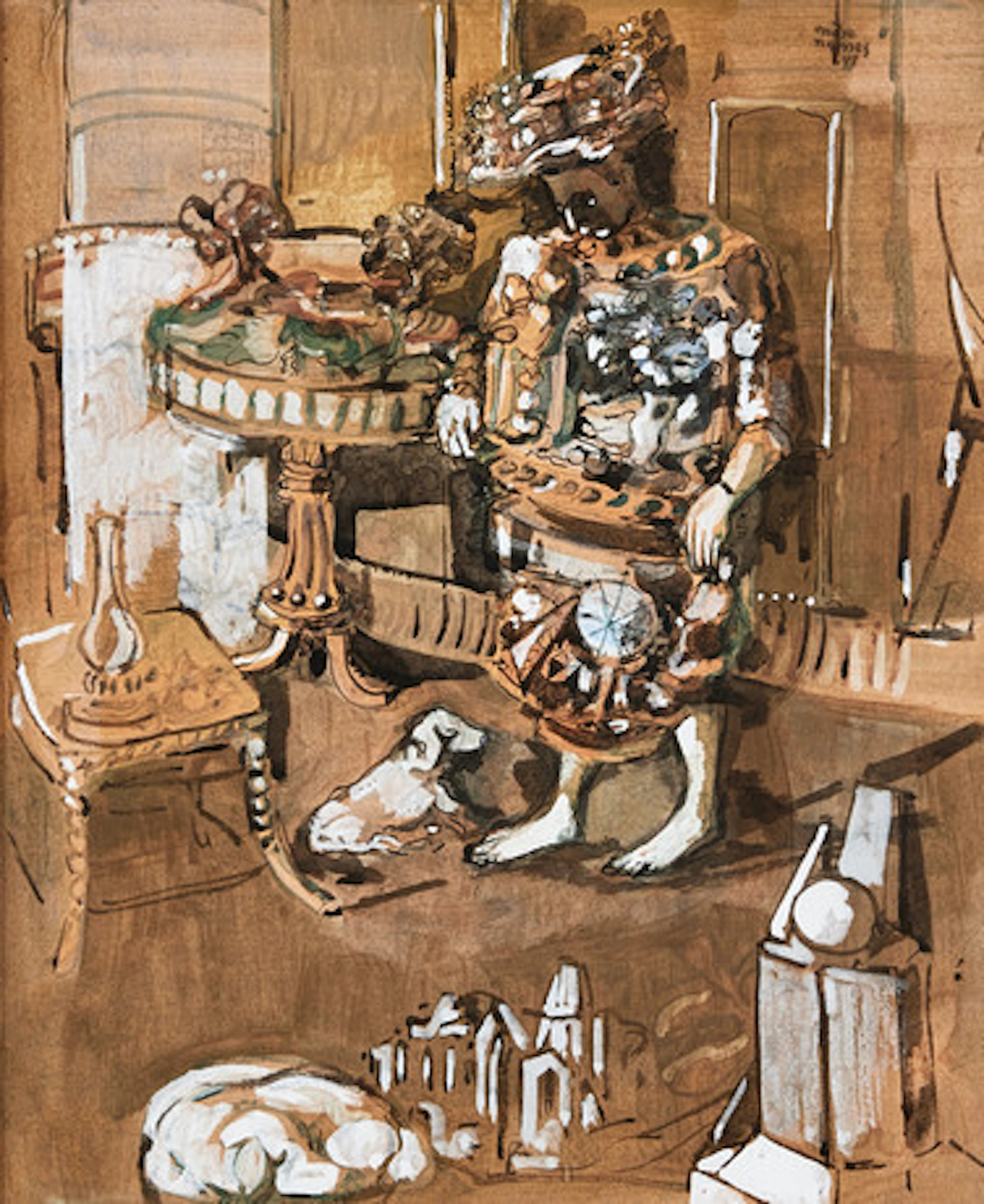 ENDRE NEMES. Interiör med figur och vit hu…