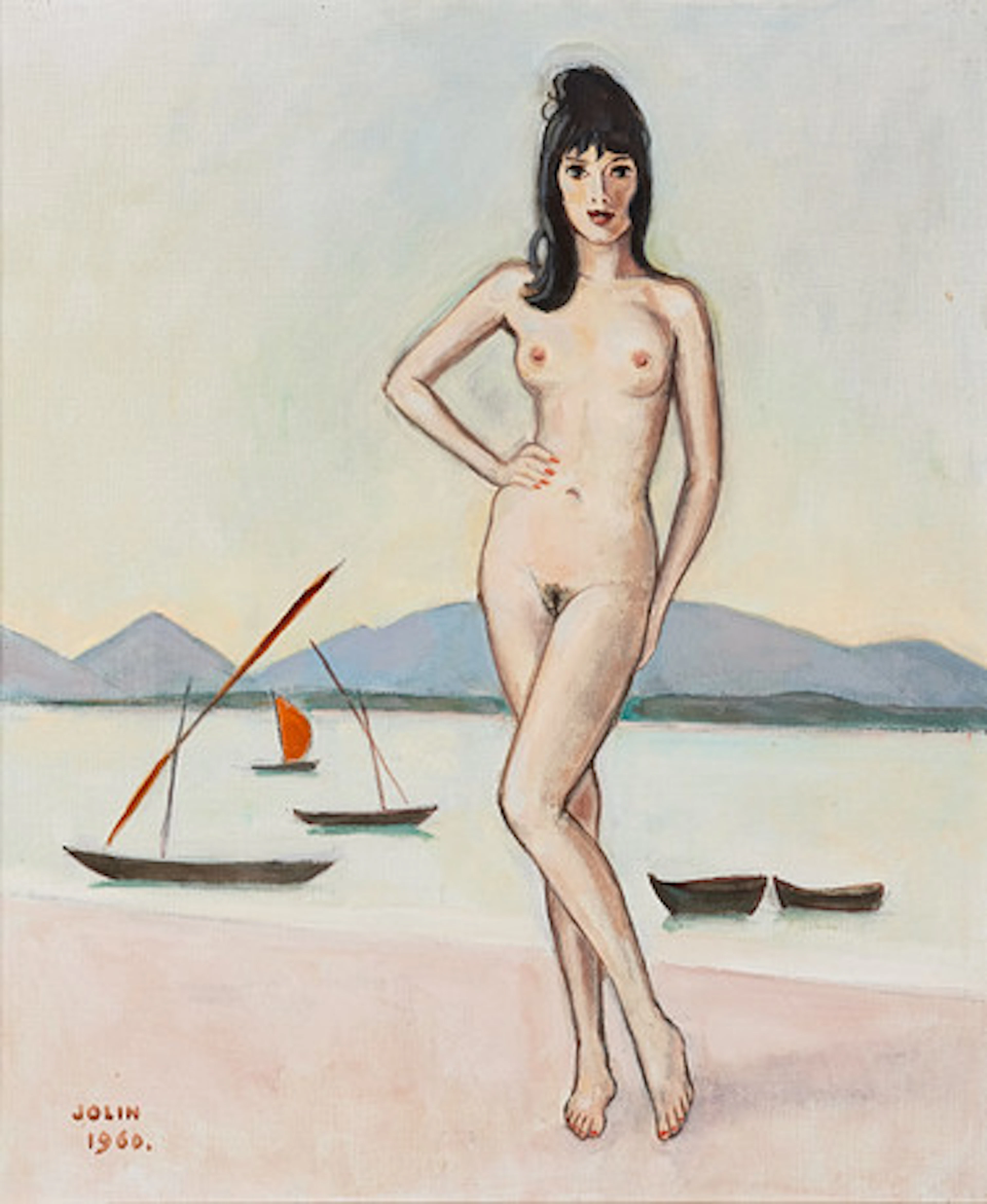 EINAR JOLIN. Modell vid stranden, olja på …
