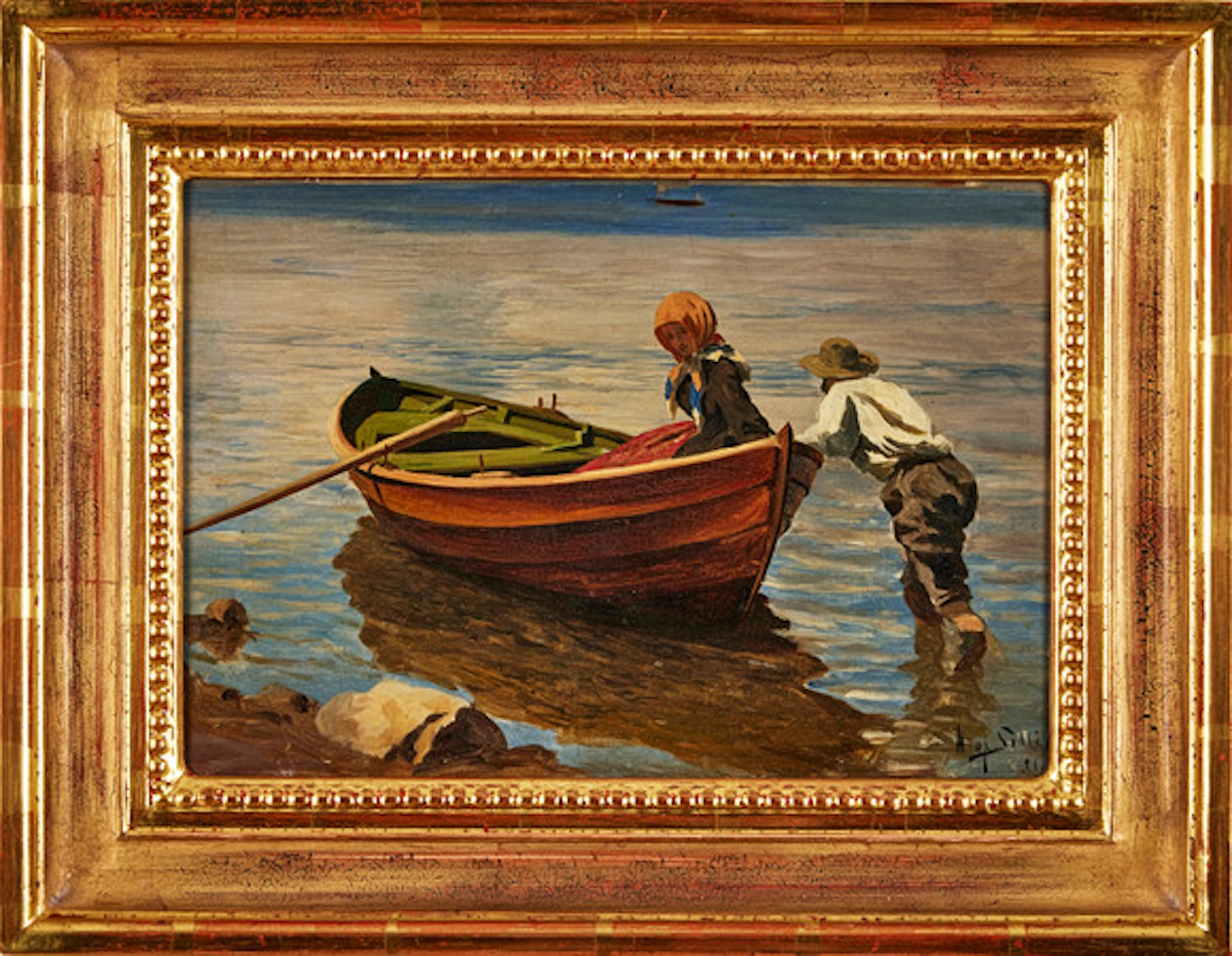 HERMAN AF SILLÉN. Roddbåt i Arild, olja på…
