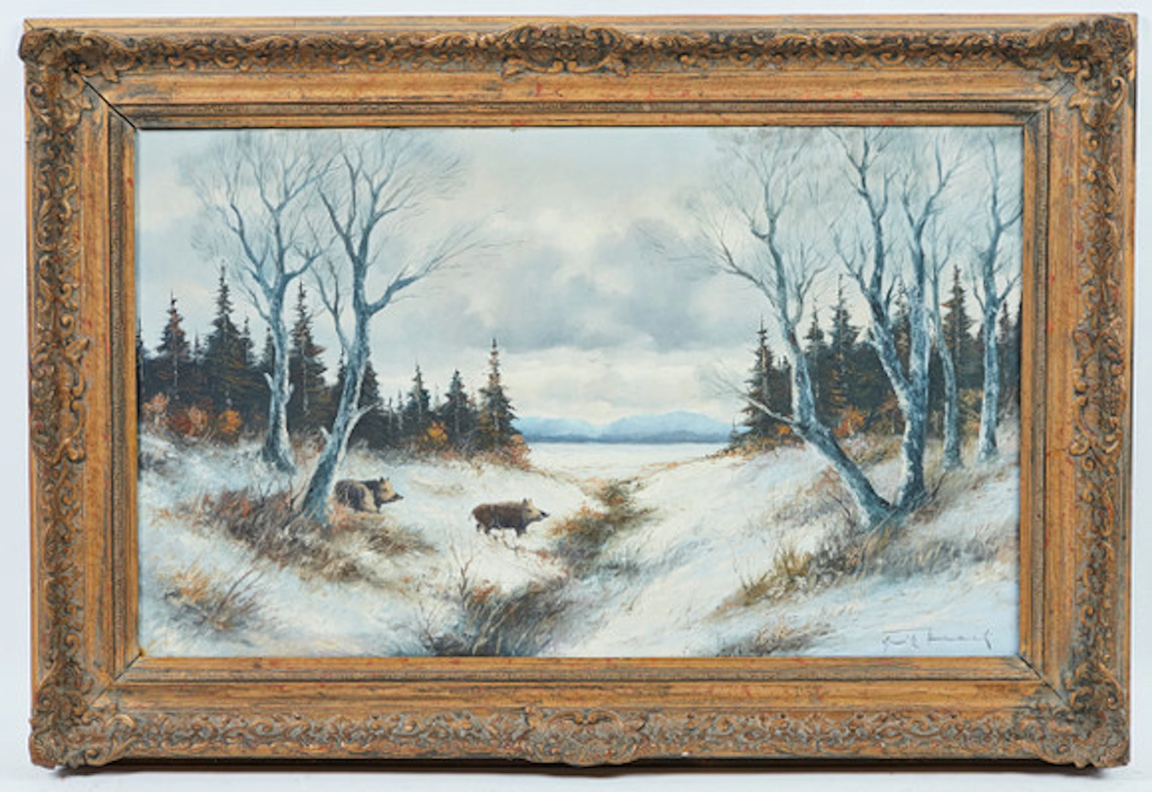 FRITZ HAACK. Målningar, vildsvin i snön.