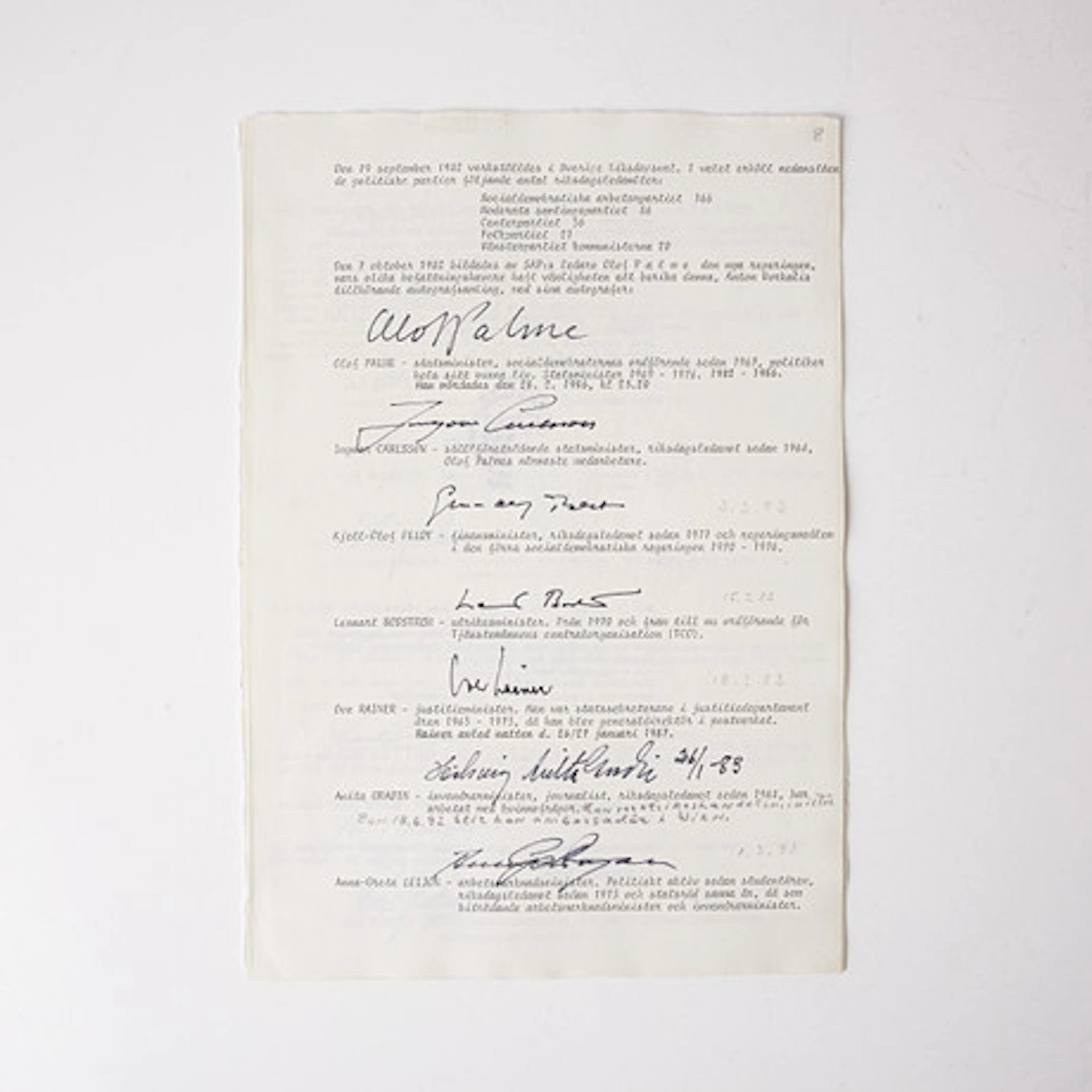 REGERINGEN PALME 1982, 41 namnteckningar p…