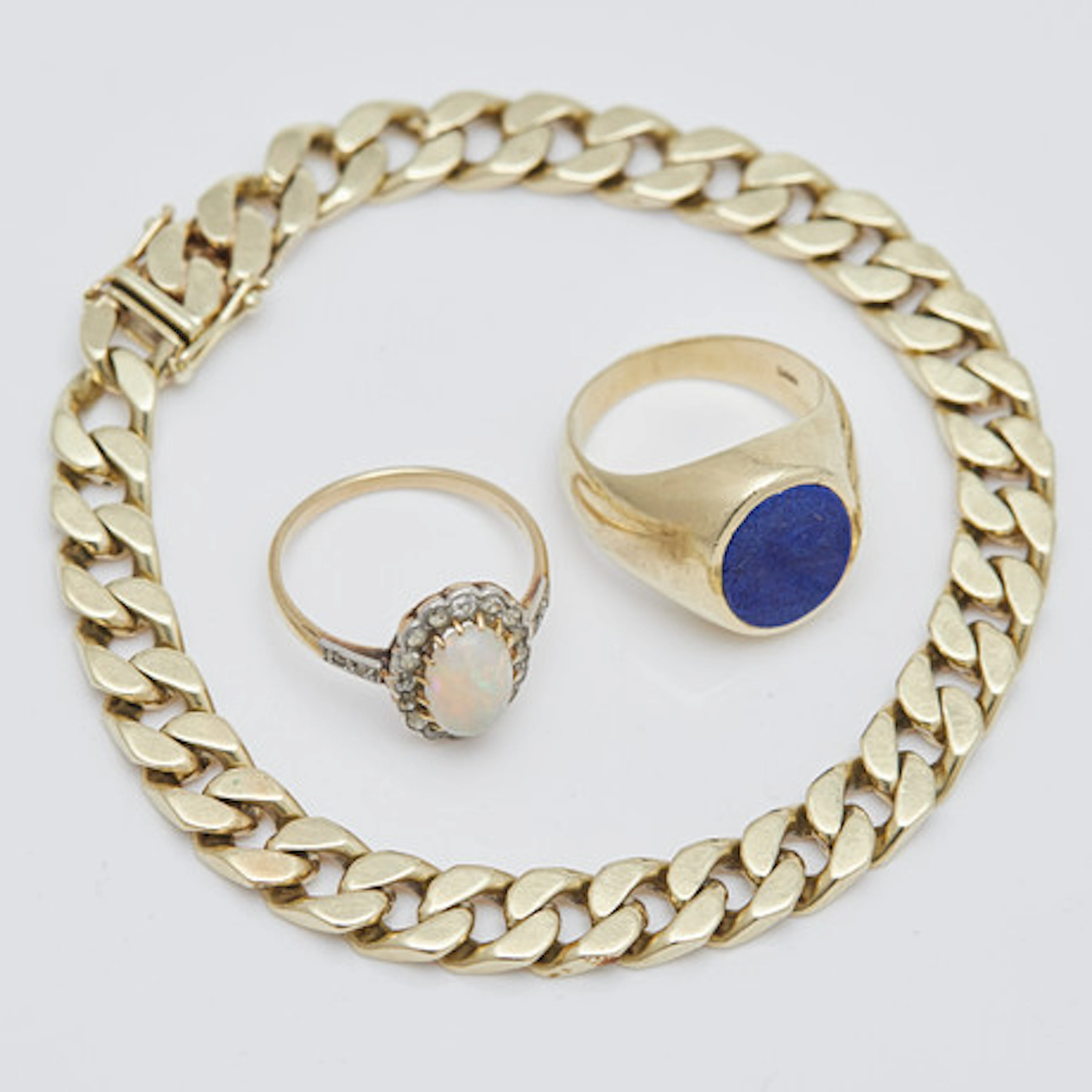 Smyckeset, armband och två ringar, 585 gul…