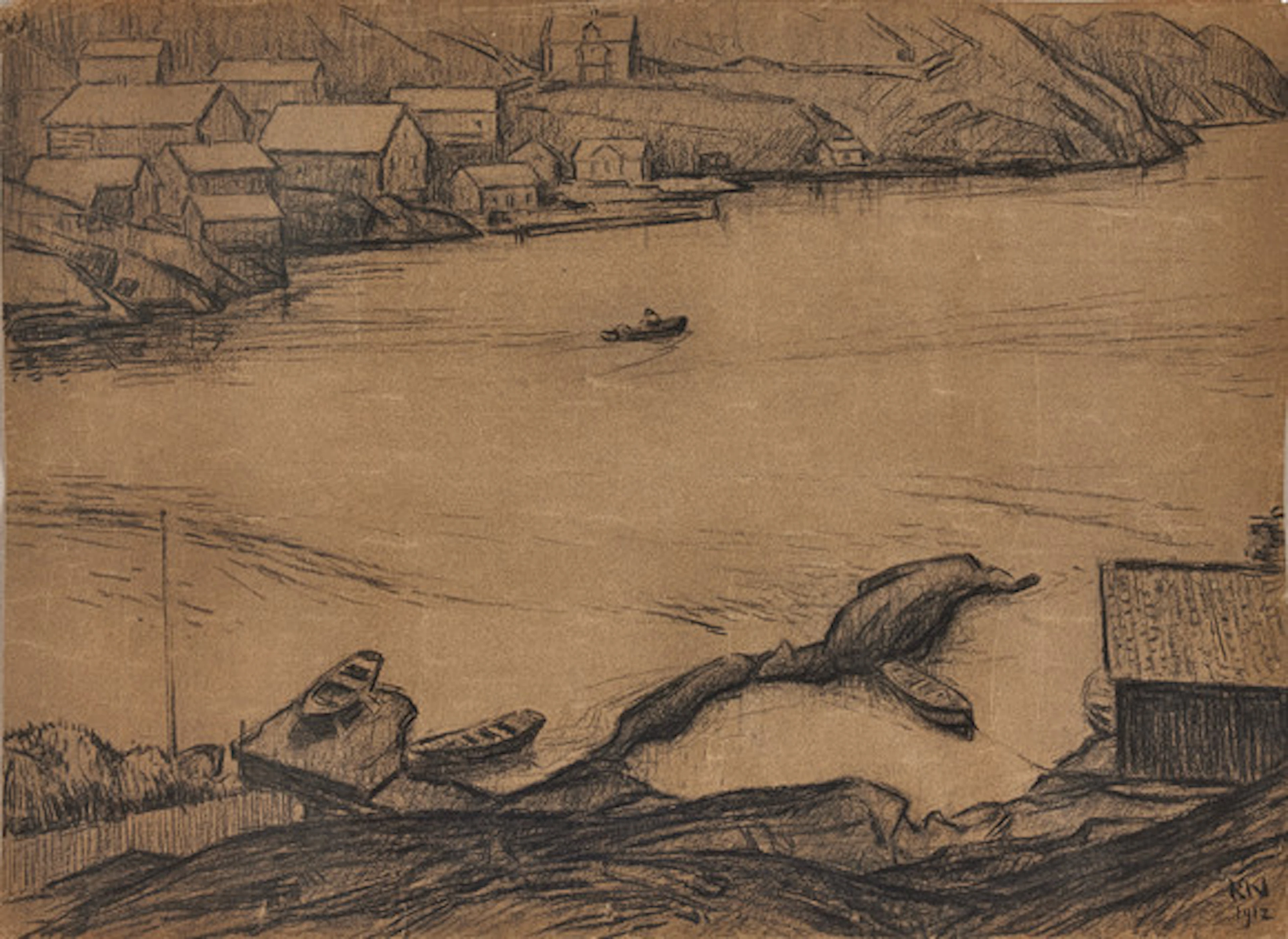 KARL NORDSTRÖM. "Sundet", kol på papper, …