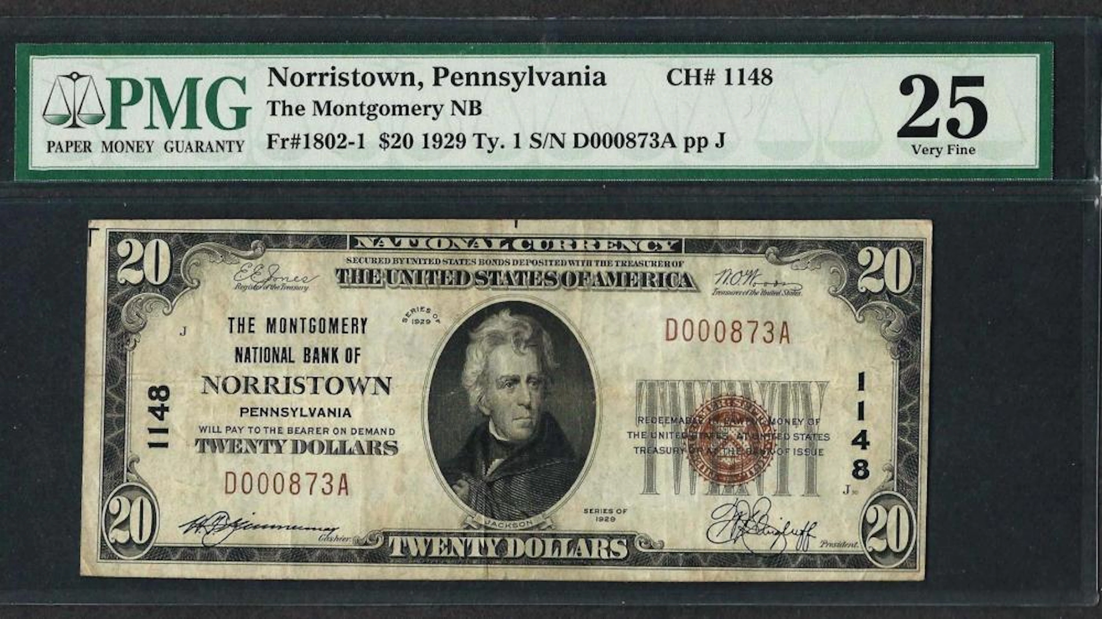 1929 $20 National Currency Note Montgomery, Pennsylvania CH# 1148 PMG Very Fine
