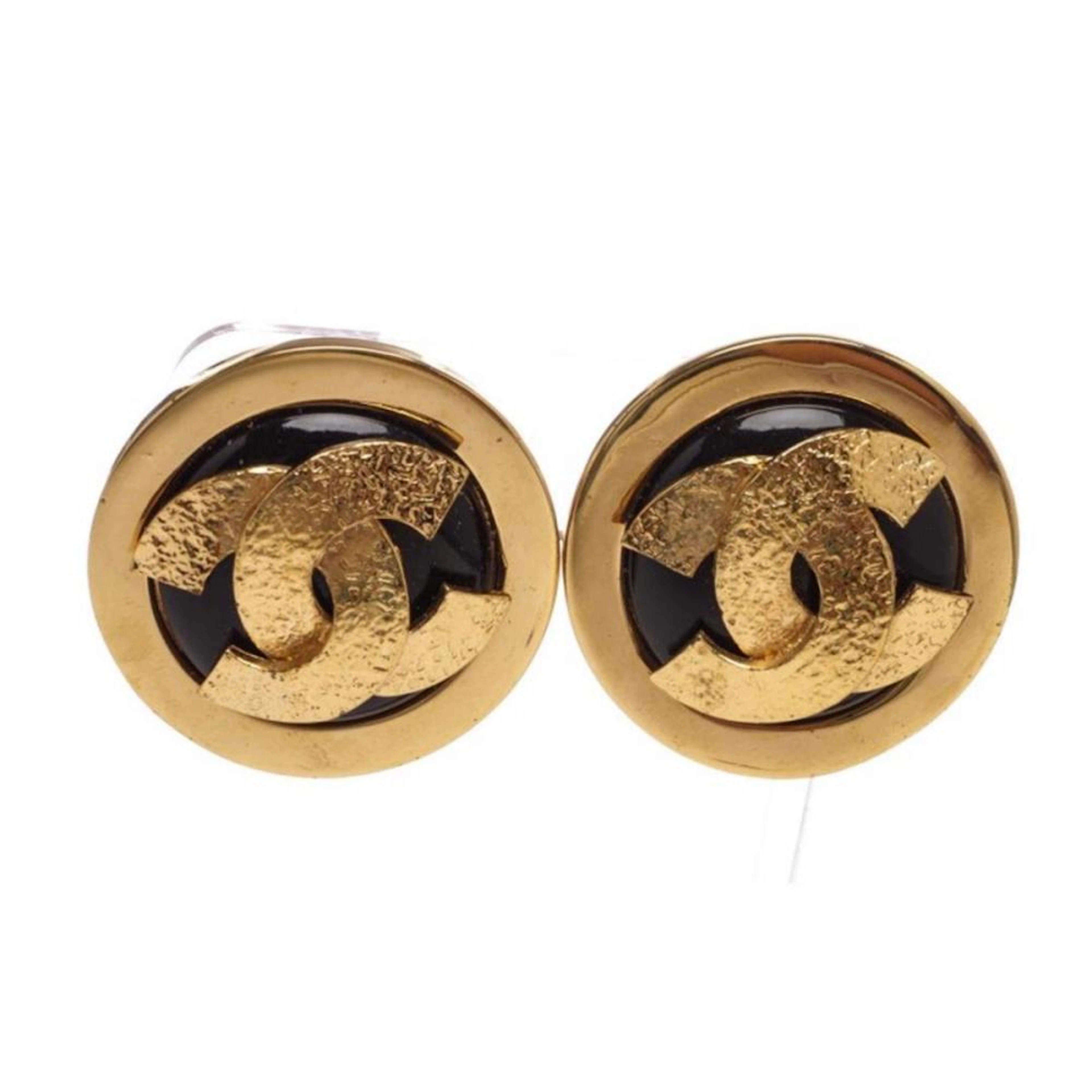 Chanel Black Gold CC Logo Clip On Disc Earrings