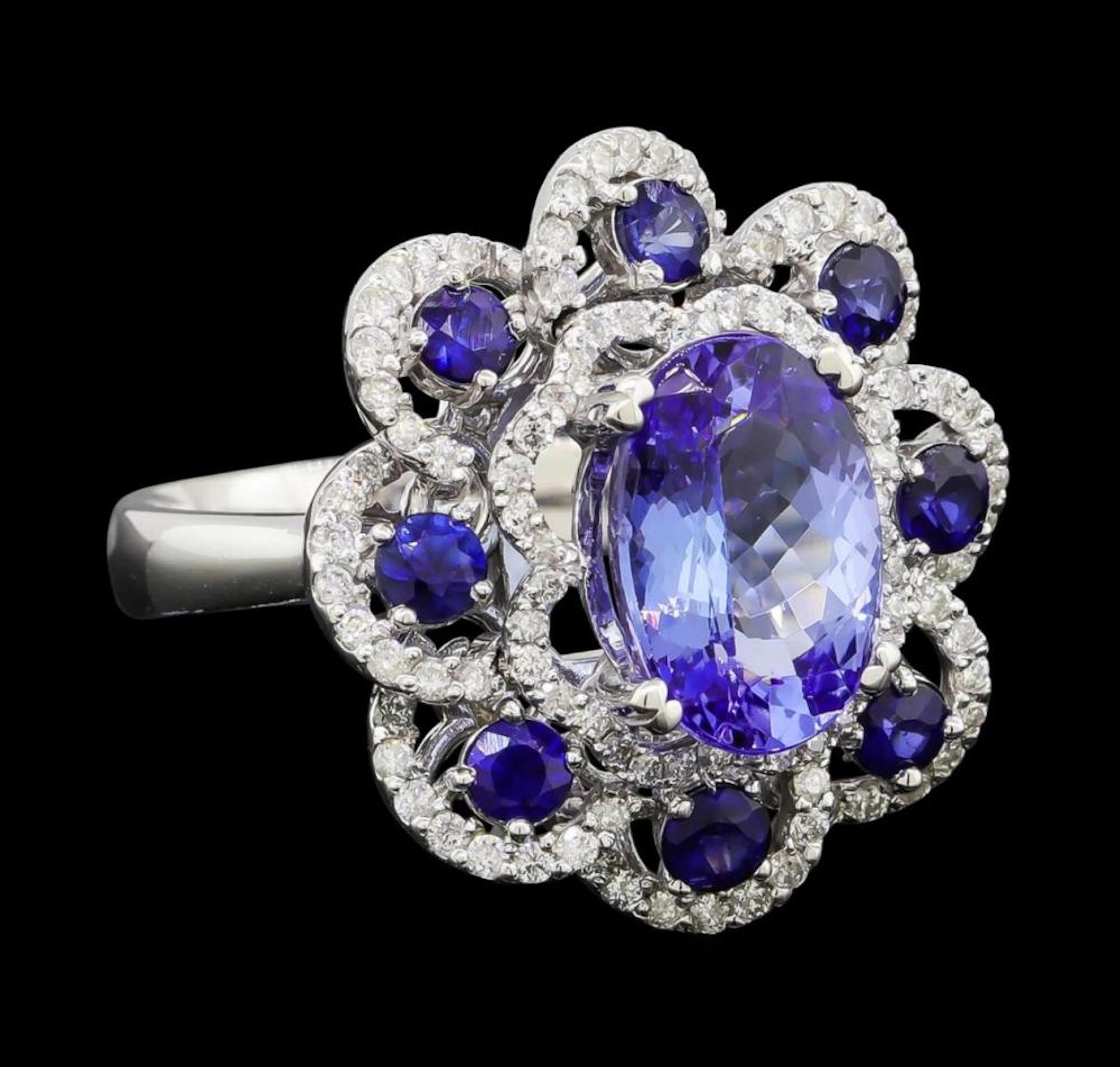 3.36 ctw Tanzanite, Sapphire and Diamond Ring - 14KT White Gold