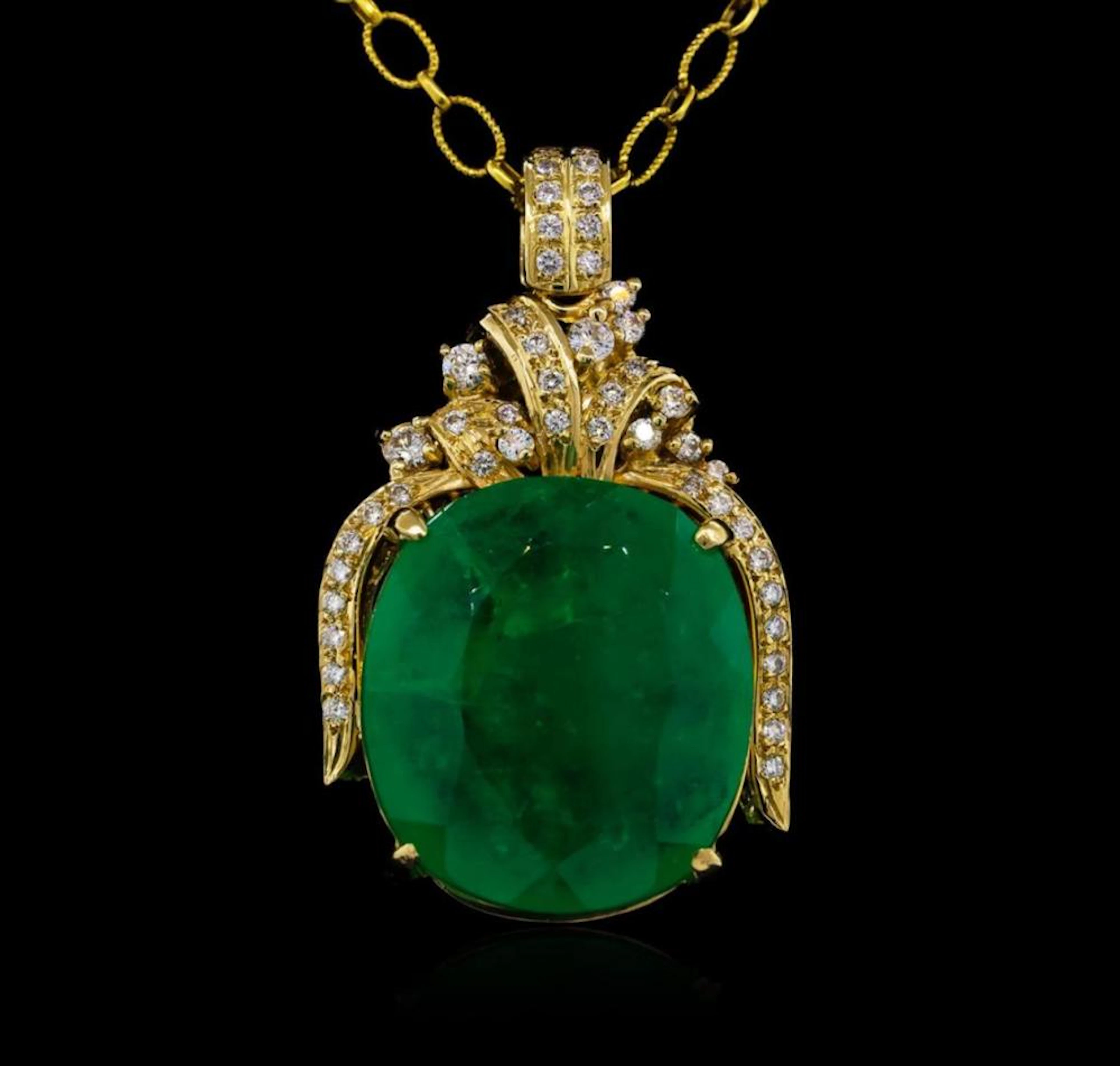 14KT Yellow Gold GIA Certified 50.88 ctw Emerald and Diamond Pendant With Chain