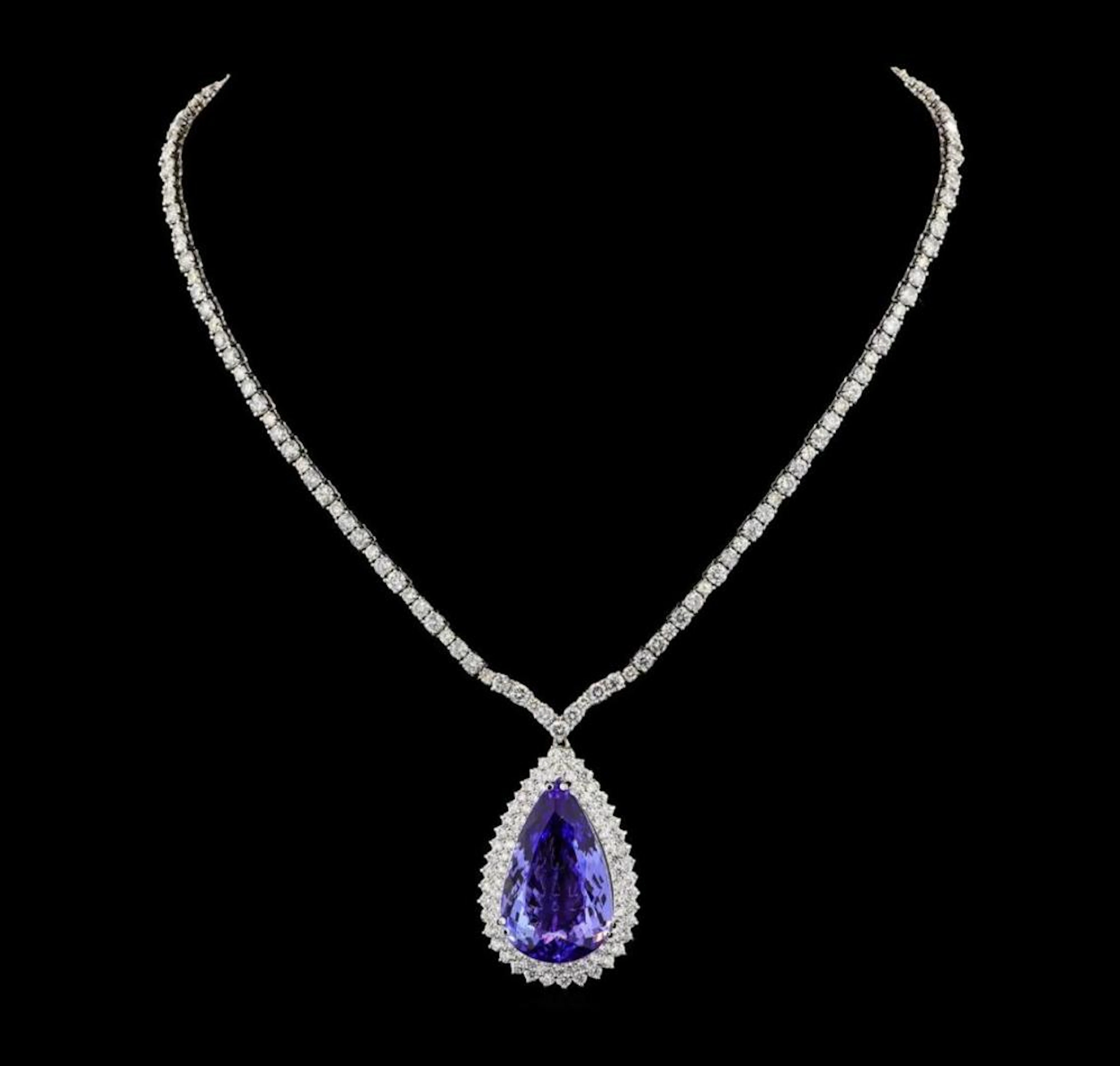 GIA Cert 35.68 ctw Tanzanite and Diamond Necklace - 14-18KT White Gold