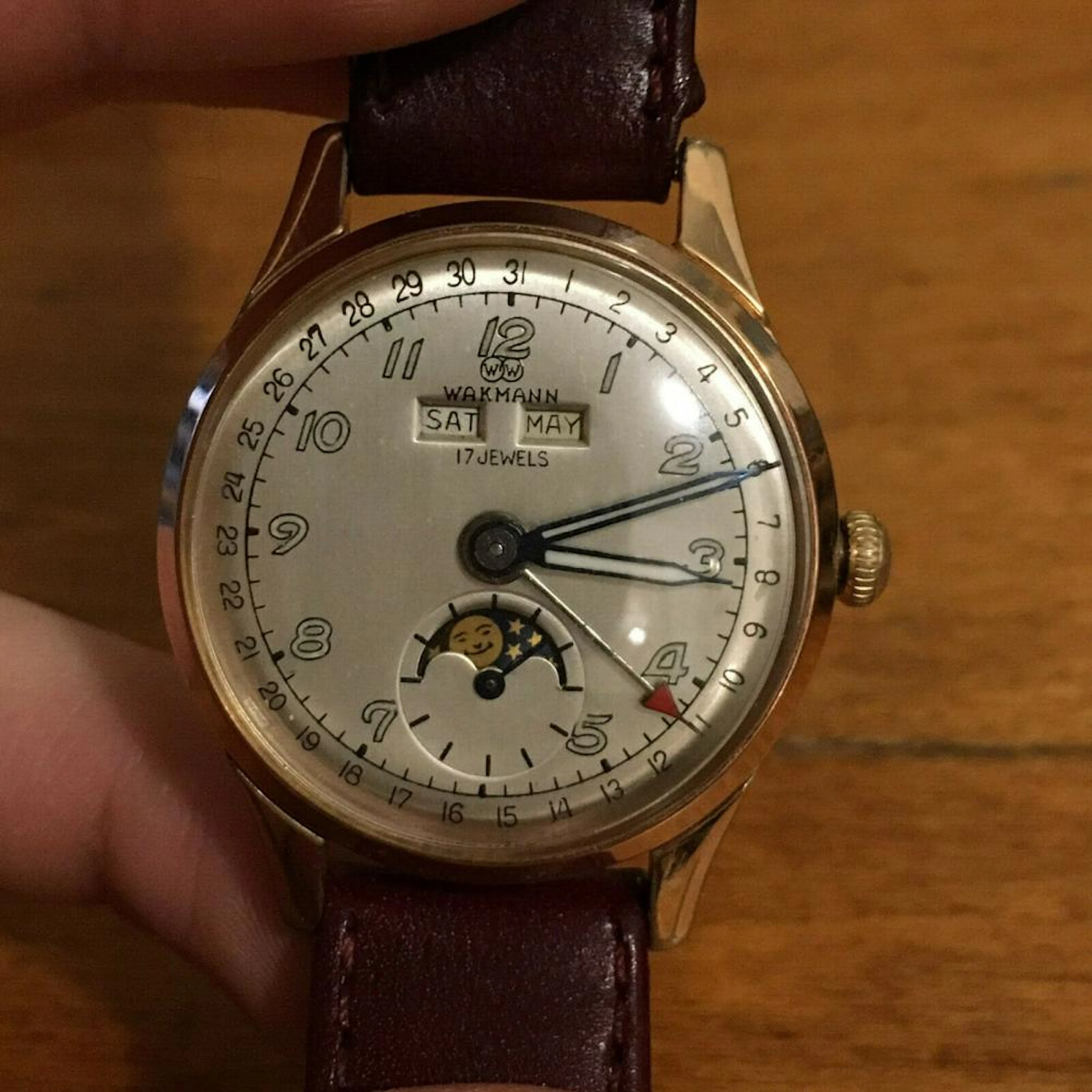 Rare Wakmann Britix Triple Date Moon Phase 17J Men's Working Wristwatch 180-C