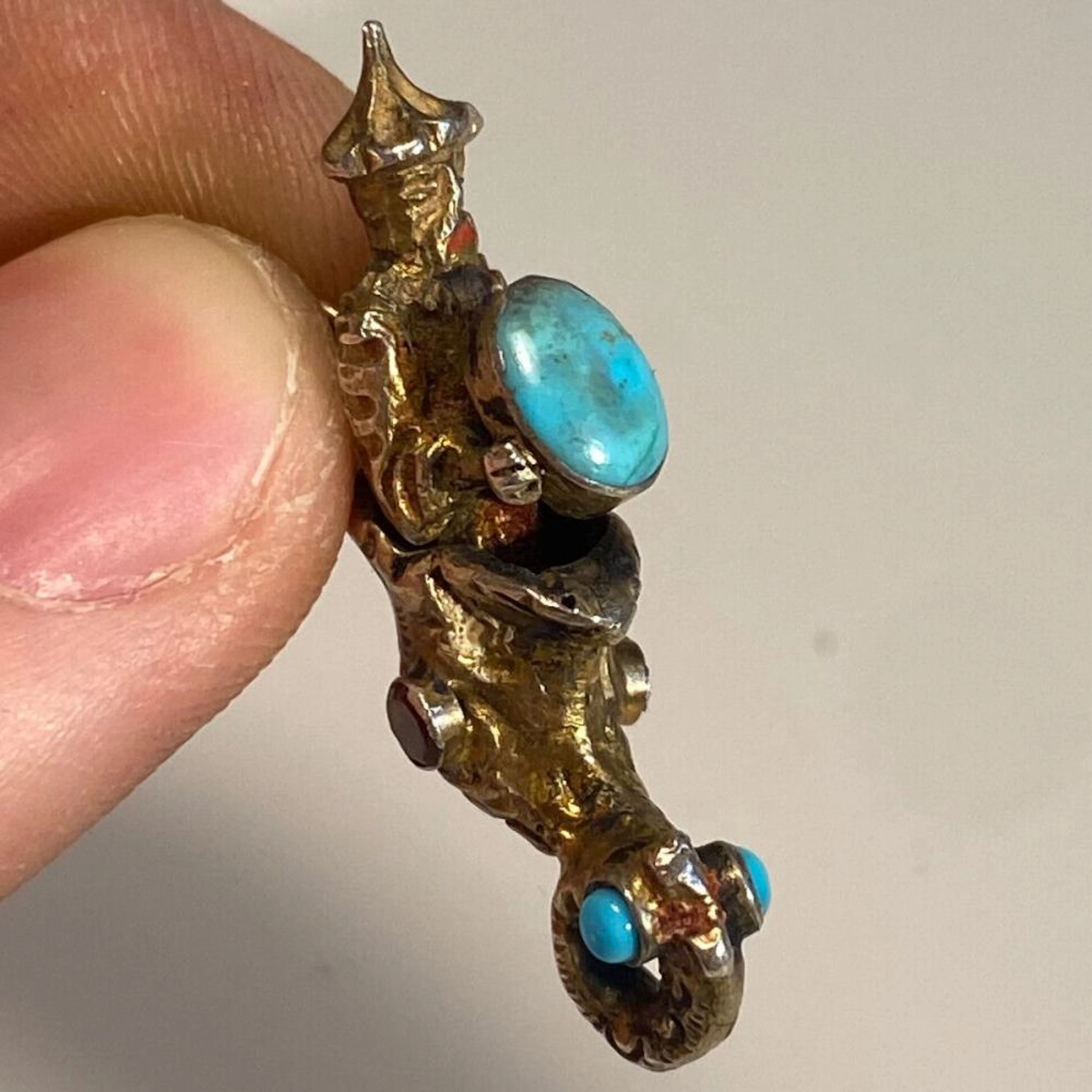 Antique Silver Asian Man Jonah and the Whale Turquoise Moveable Charm Pendant