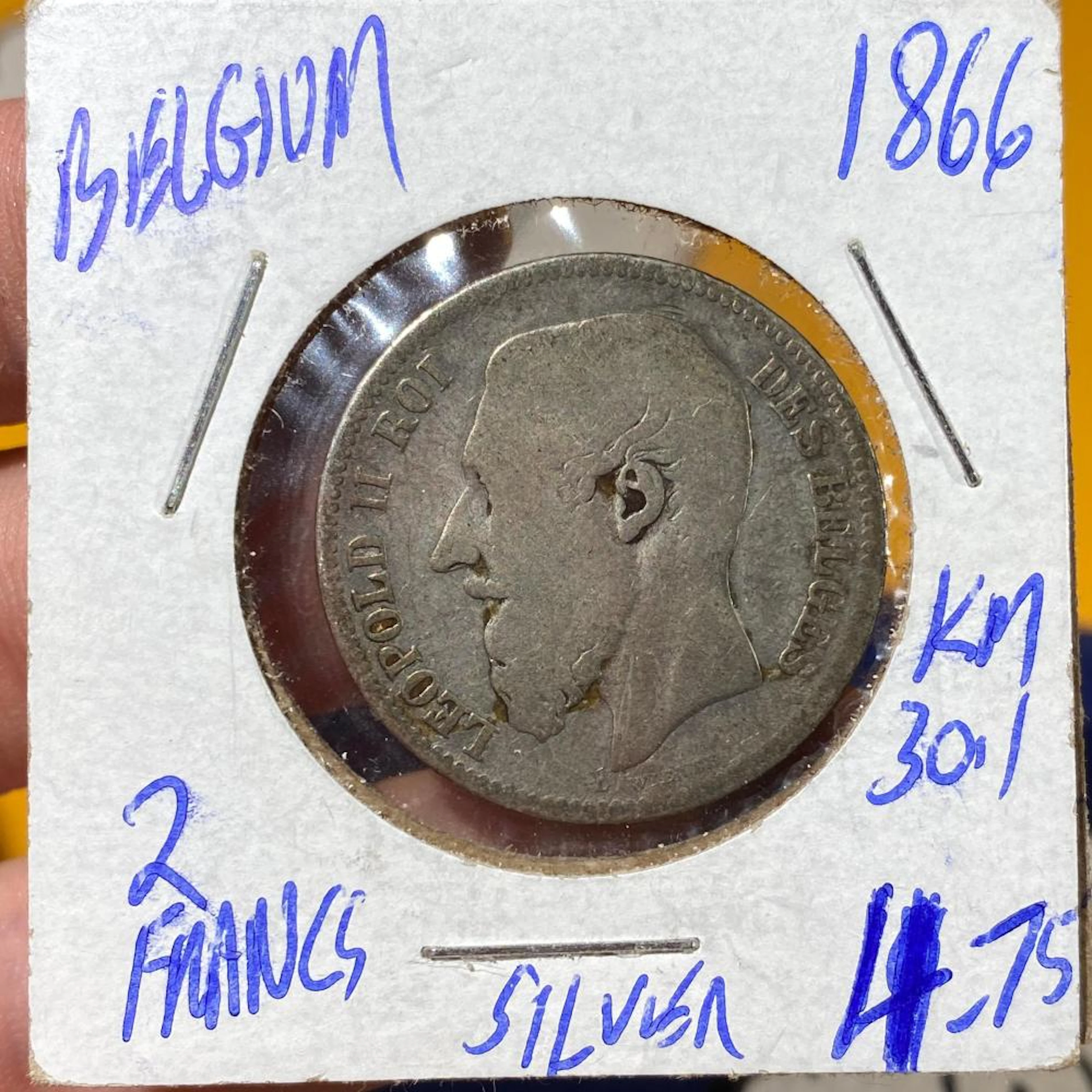 1866 Belgium 2 Francs KM 30.1 Silver Coi